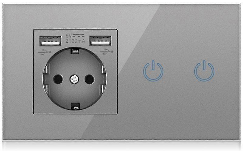 EU Smart Touch Light Switch 2 Way + Germany Socket + 2 USB Ports Outlet Grey Crystal Glass Panel 16A