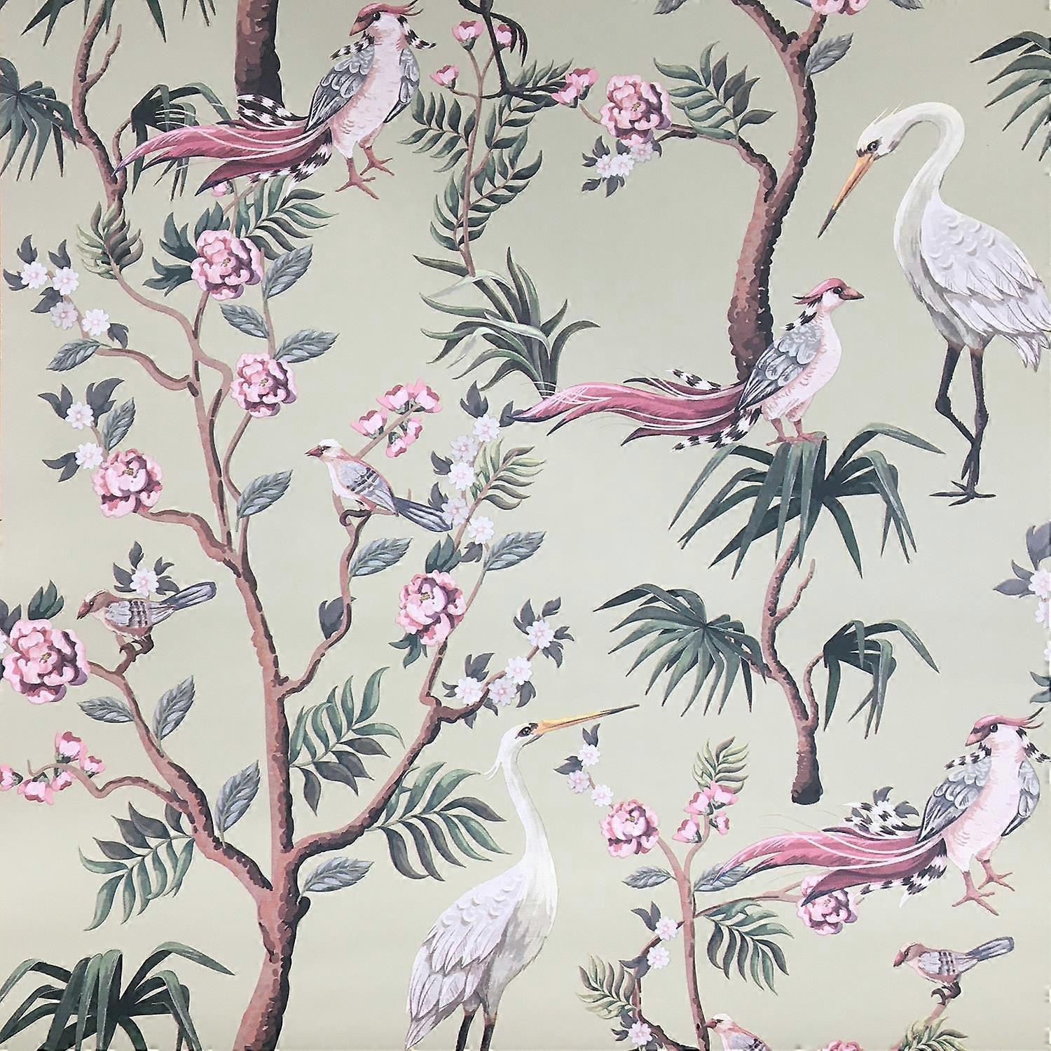Blossom & Birds Green Wallpaper