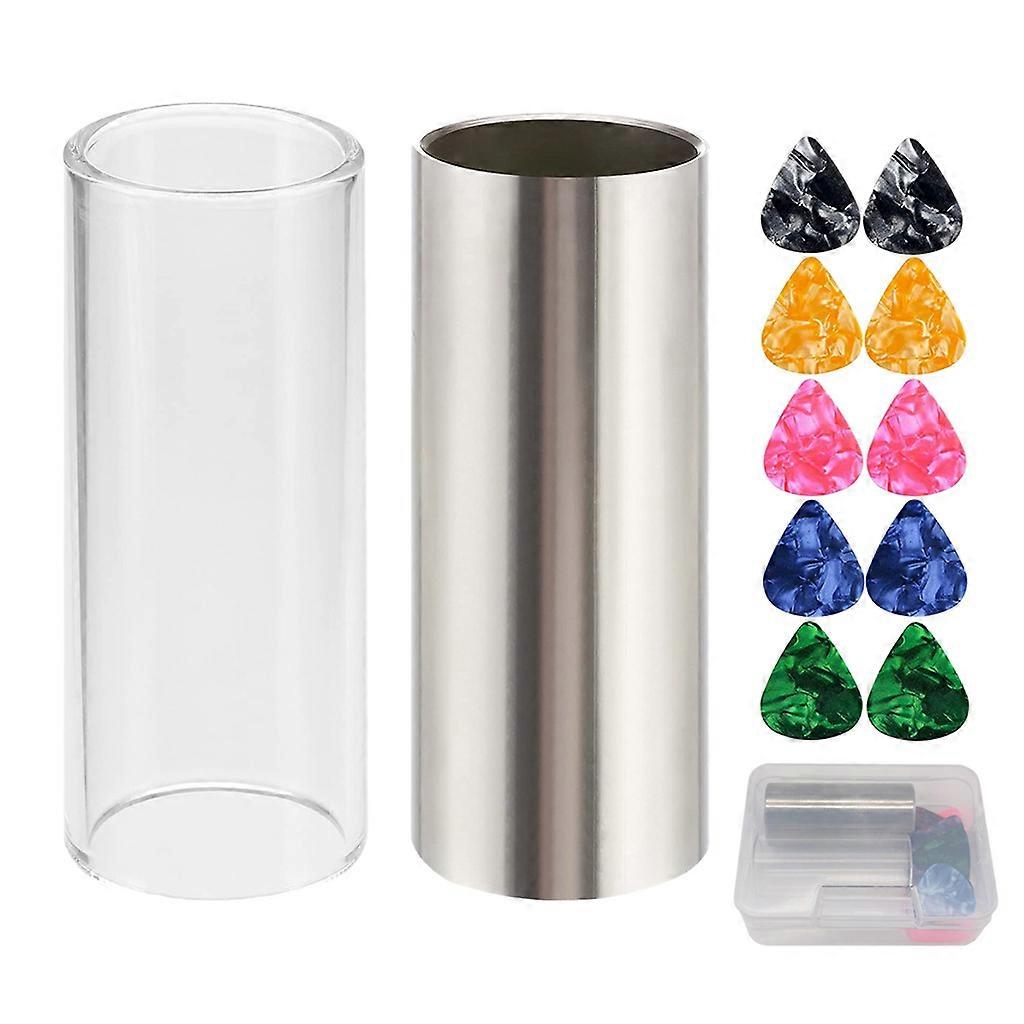 Set aus 2 Gitarren-Slides, 1 Stück Glas-Slide und 1 Stück Edelstahl-Slide in einer Kunststoffbox für Gitarre, Bass, Medium