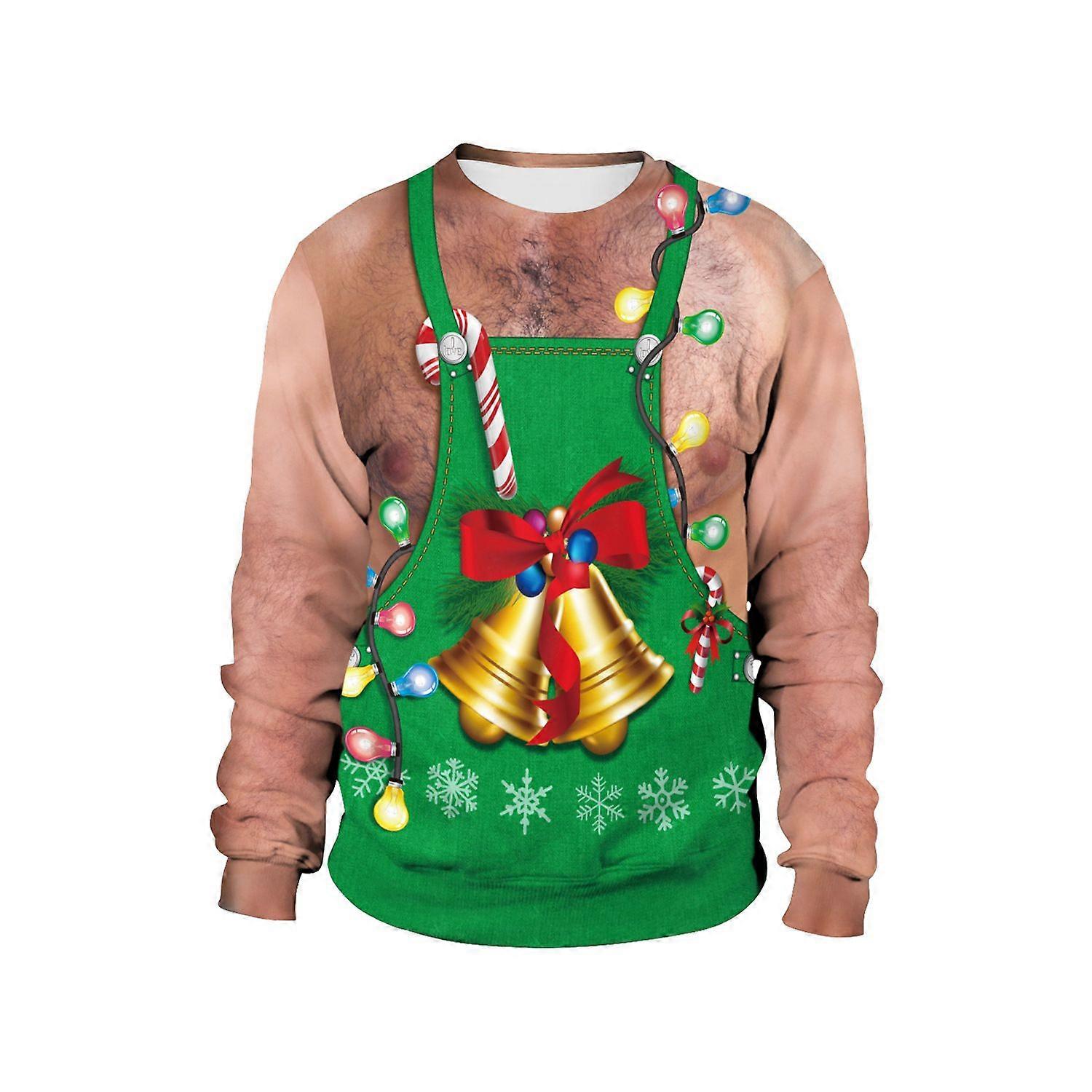 Komik Noel Göğüs Saç İllüzyon Sweatshirt Erkek 3D Baskı Tatil Üst ile Çan ve Işıklar