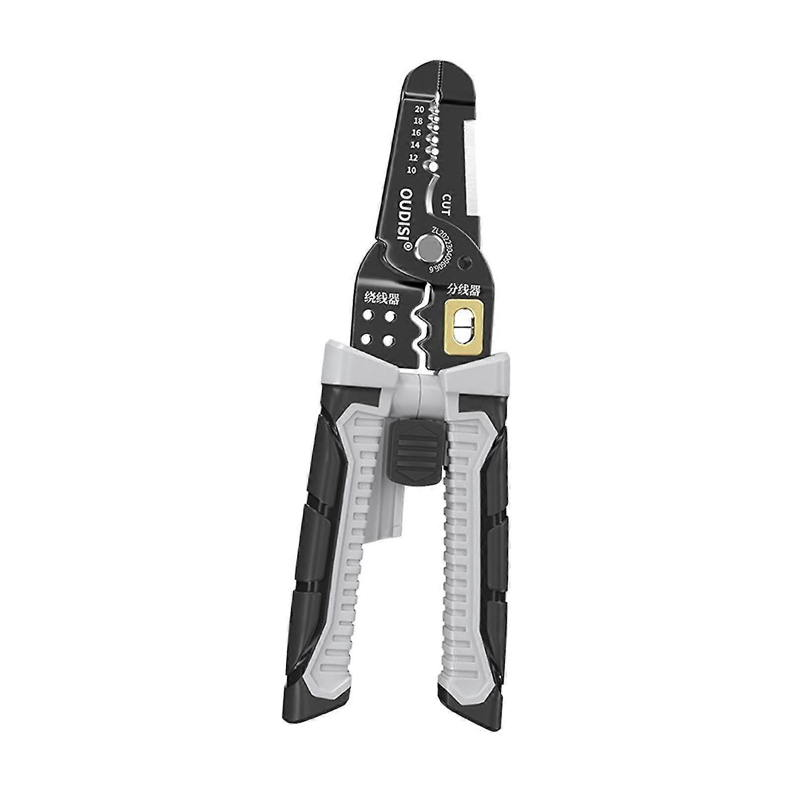 Multi-Functional Wire Stripper Tool for Electric Cables, Featuring Cutting, Crimping, and Clamping Functions for Efficient Wire Processing