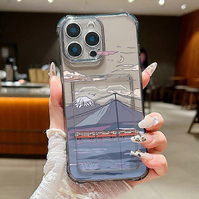 Soft Silicone Transparent Card Slot Phone Case for iPhone 16 Pro 15 14 13 Pro Max 12 11 Cartoon Fujiyama Pattern Shockproof Lens Protection Cover