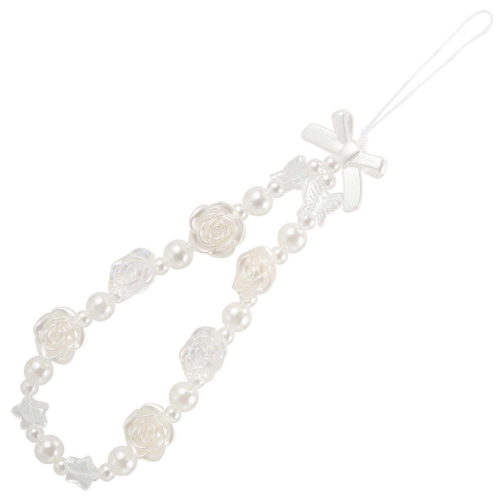 Beaded Phone Charm Wrist Strap with Imitation Pearls, Rose Bowknot and , Lightweight Mobile Phone Chain Lanyard for Women