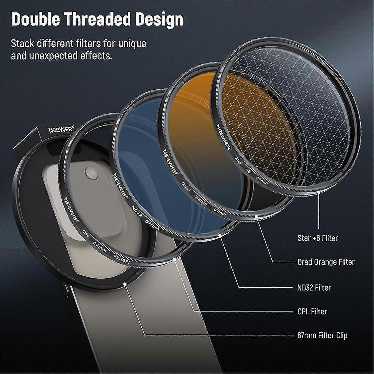 Filter Set of 7 Threaded Cell Phone Clip 67mm Filter Set of 7 CPL Gradient Starlight Filter ND32 Le