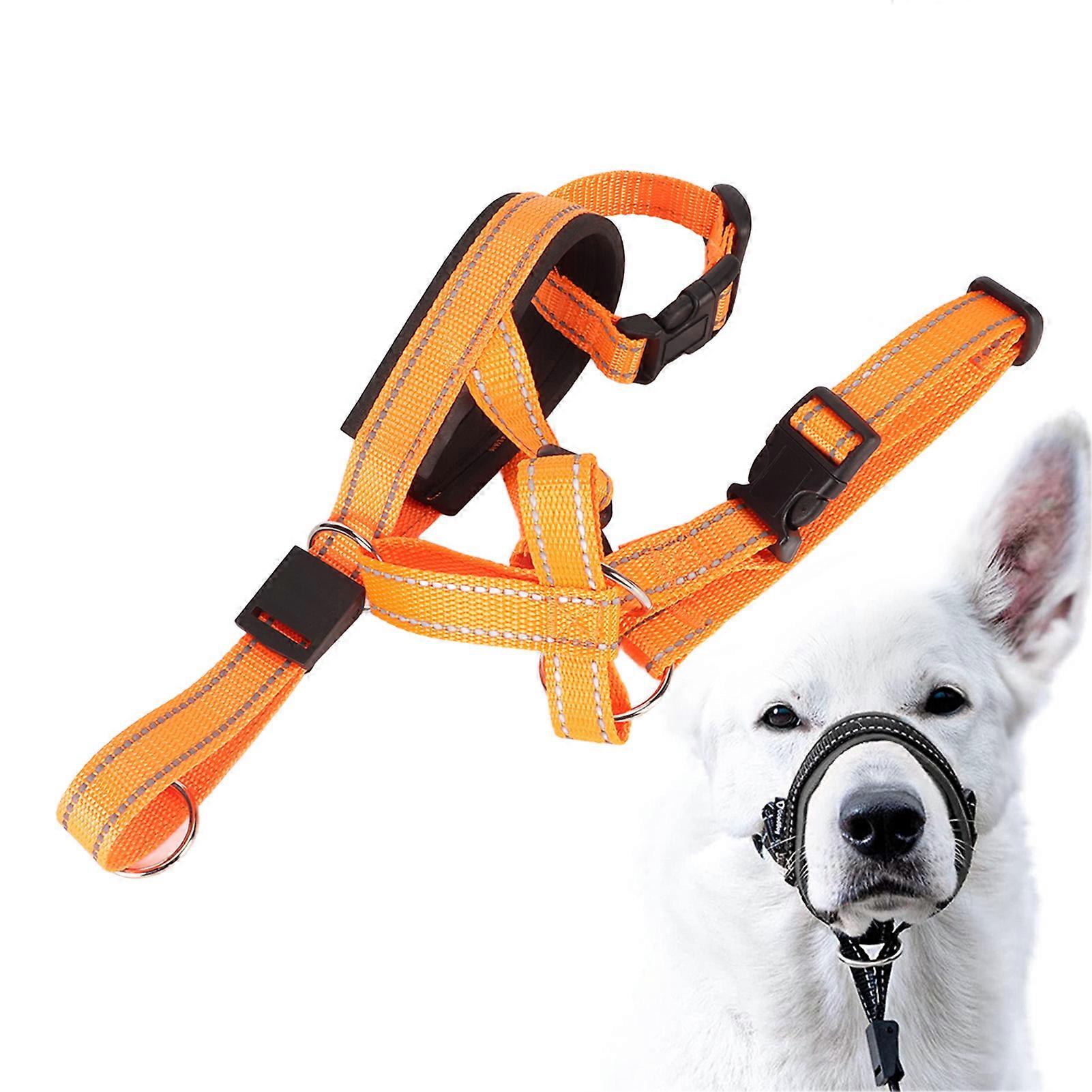Headcollar Dog Muzzle Adjustable Prevent Biting Barking Breathable Nylon Dog Mouth Guard for Walking Training Orange M 