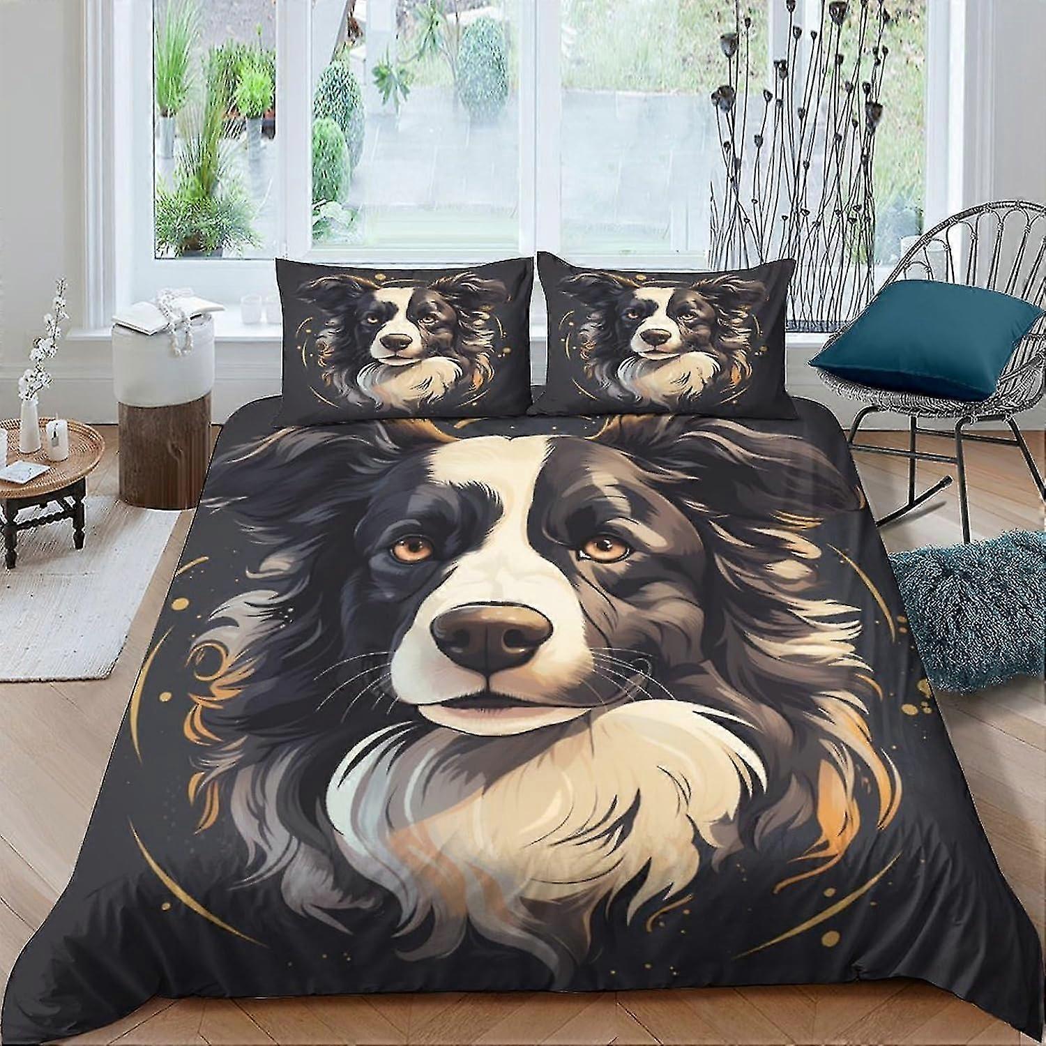 Border Collie Design One-sided Duvet Cover Set 3 Pcs with Zipper Closure Pillowcases Ultra Soft Hypoallergenic Microfiber Bedding