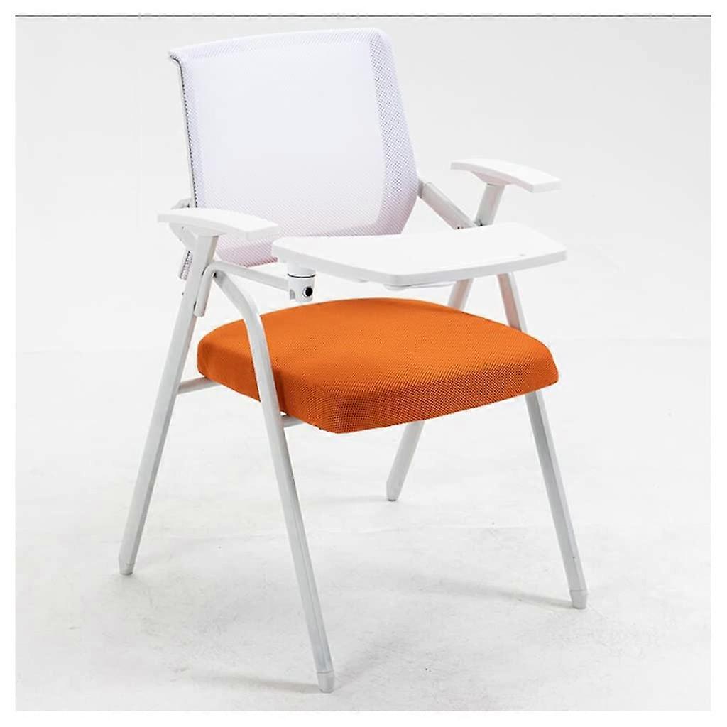 Home Office Desk Chair With Attached Desk, Mesh Ergonomic Chair, Orange Backrest, Metal Frame, Folding Writing Board