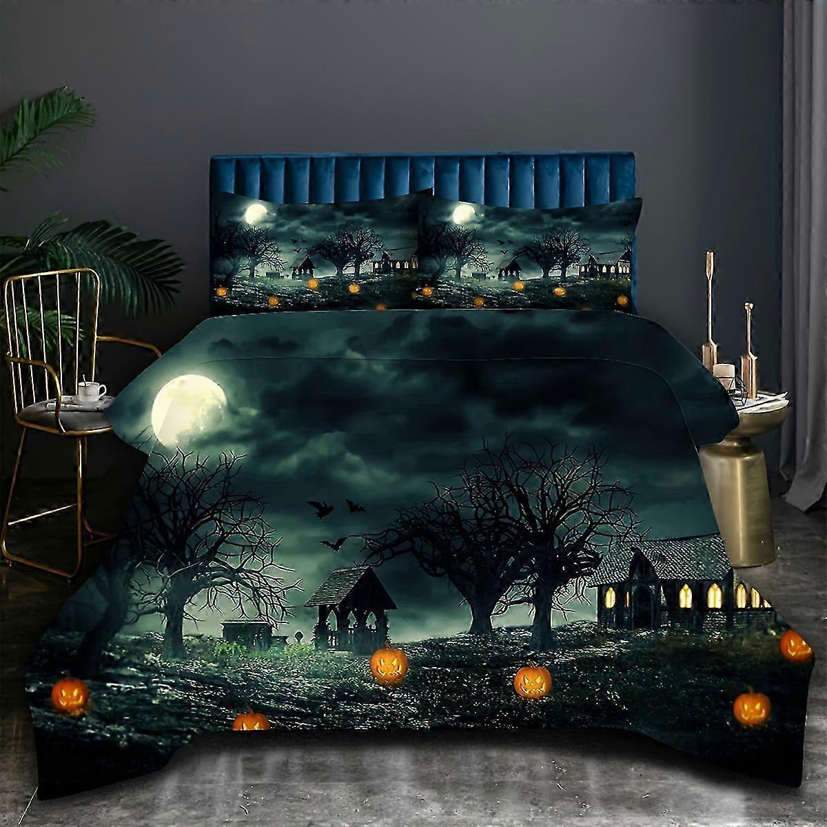 Halloween Themed Haunted House Bedding Quilt Covers, Soft and Comfortable Bedding Featuring Ghosts and Pumpkins, Includes 2 Matching Pillow