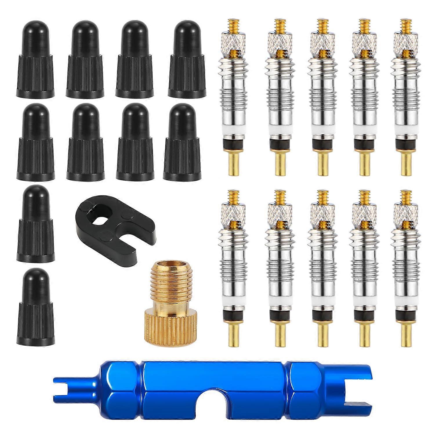 Valve Core Repair Kit 10 Valve Cores 10 Valve Caps Brass Wrench Brass Joint Disassembly Tool For Bicycle Tires