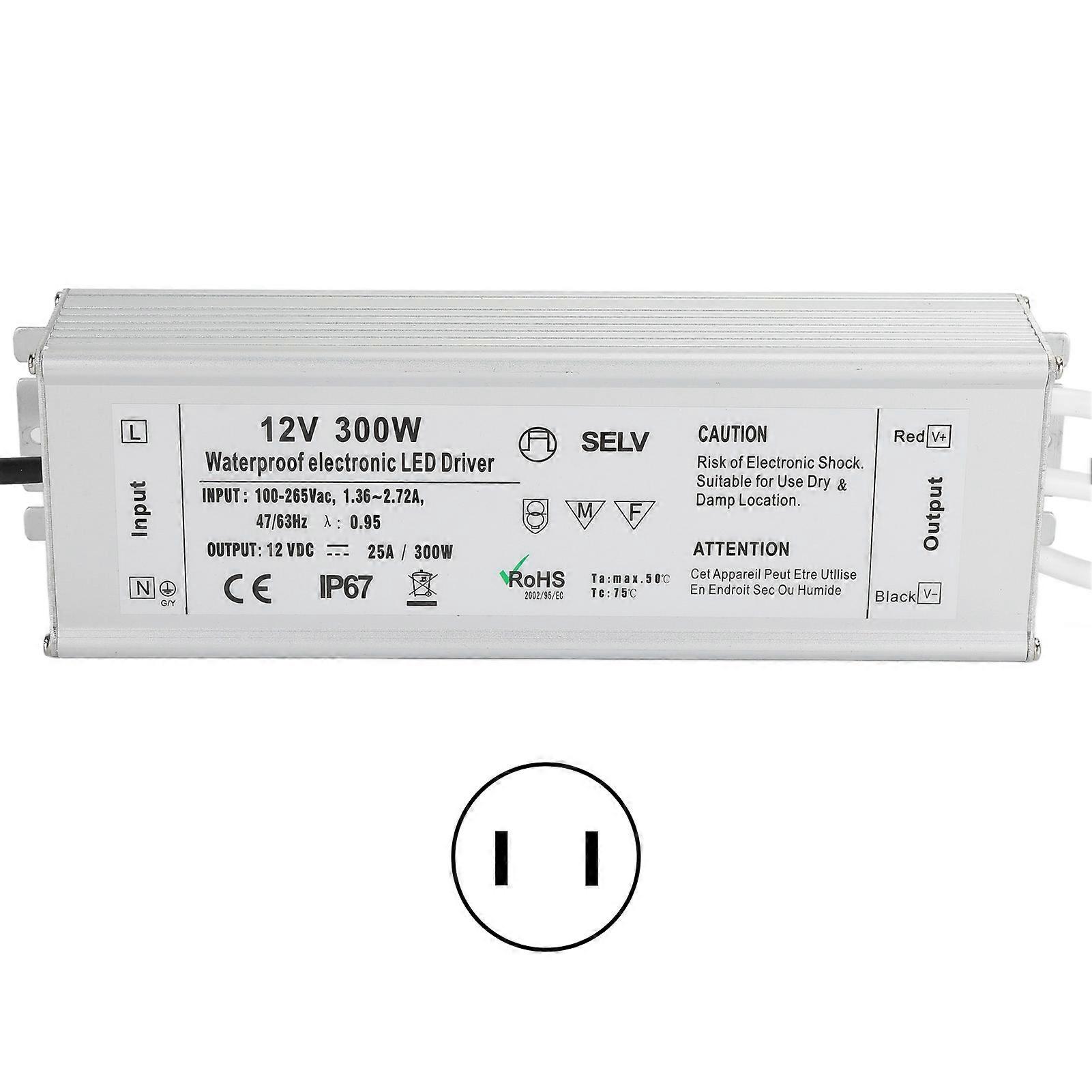 LED Driver Waterproof IP67 Constant Voltage Power Supply Transformer Adapter 300W AC100‑265VUS Plug 12V 0‑25A Output