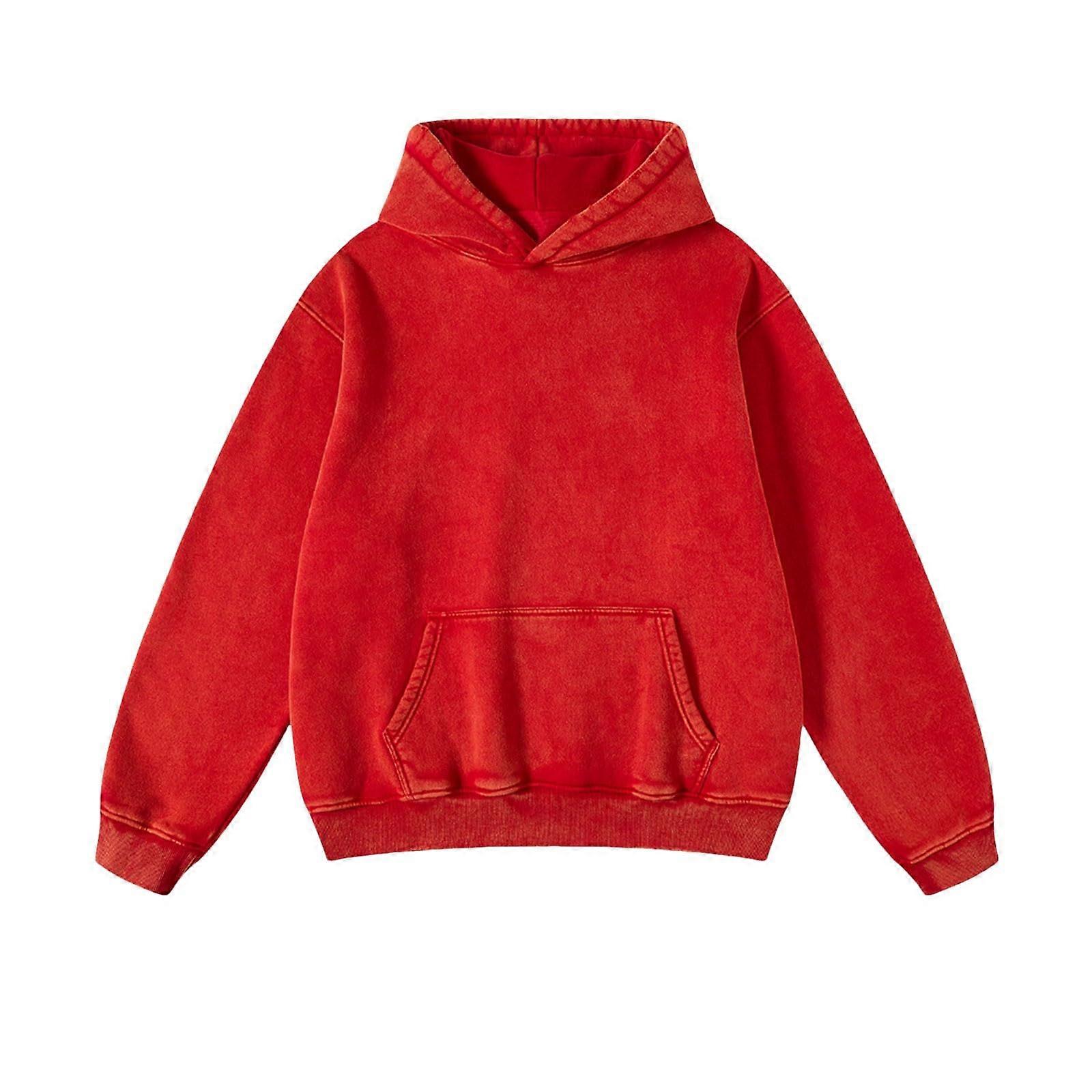 Pullover Men's Oversized Hoodie Red Thick Cotton Vintage Sweatshirt Y2K Style Long Sleeve Used Look Size L
