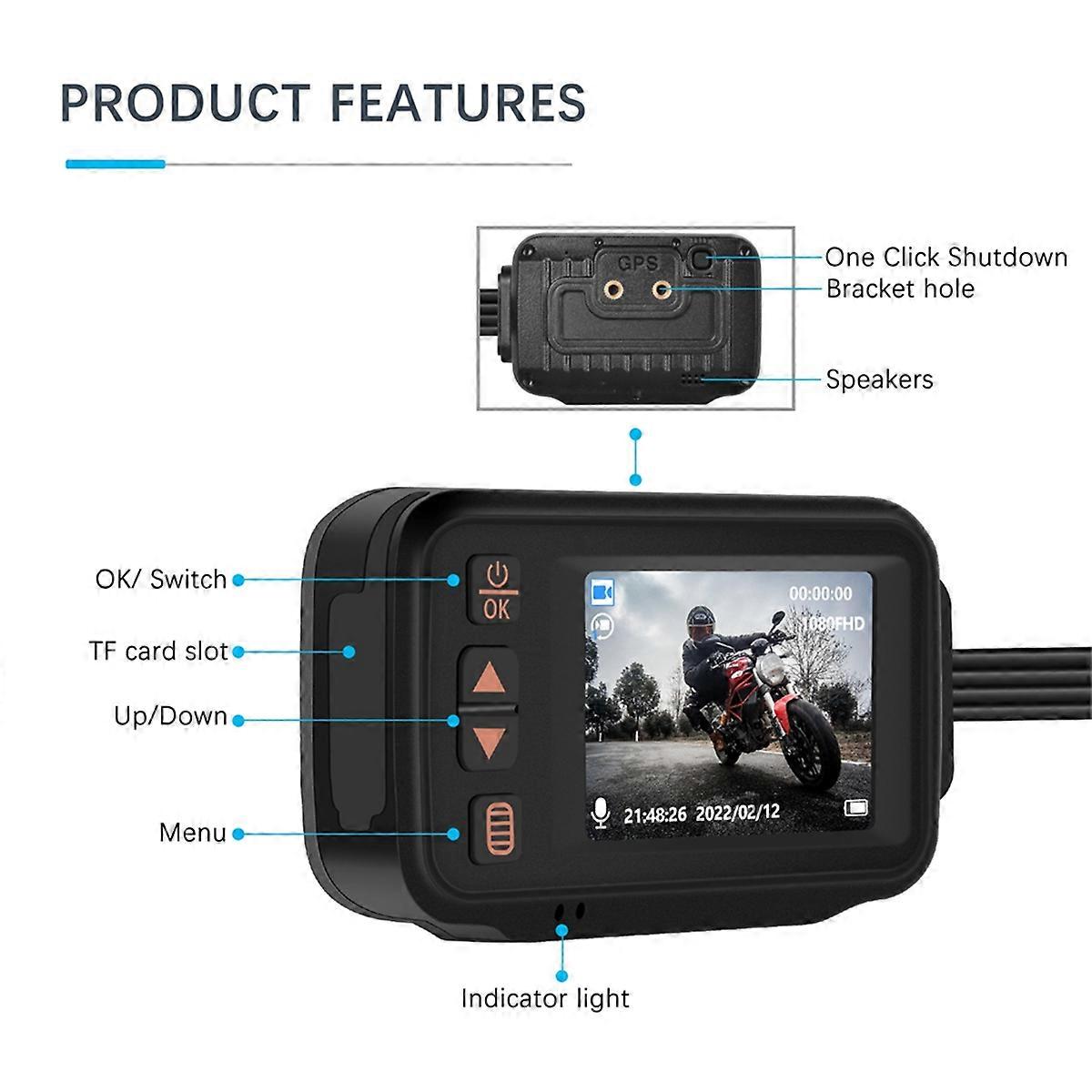 Dash Cam Front and Rear, Driving Recorder Camera for Motorcycles, 2 Inch HD Dash Cam, Loop Recording, Waterproof