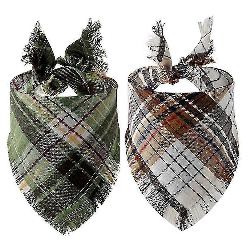 Plaid Dog Bandanas, 2 Pcs Reversible Triangle Dog Scarf With Tassels Edges A-65*45*45cm