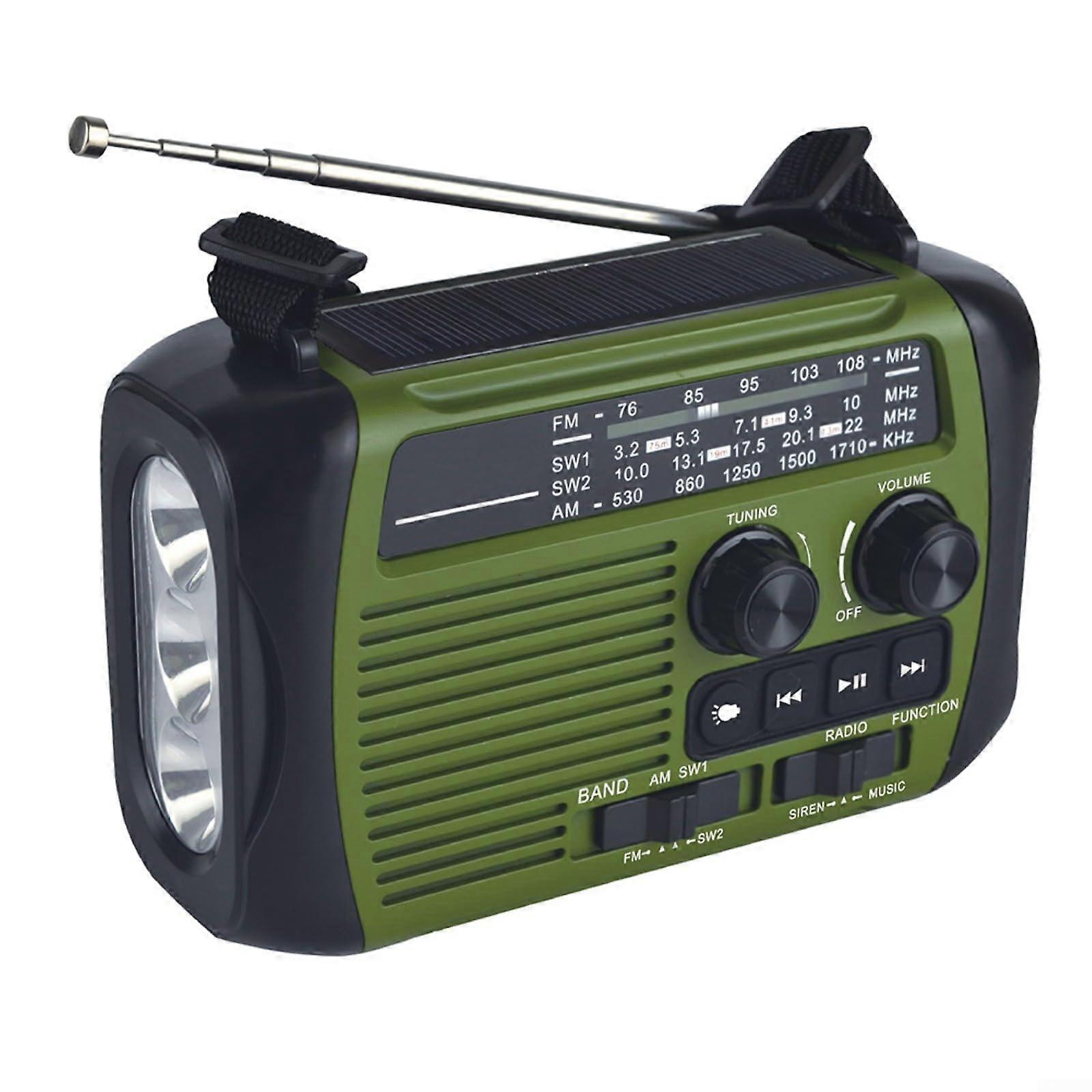 Portable Solar Hand Crank Radio AM FM NOAA Weather Radio with Speaker LED Flashlight SOS Alarm Adjustable Strap Green
