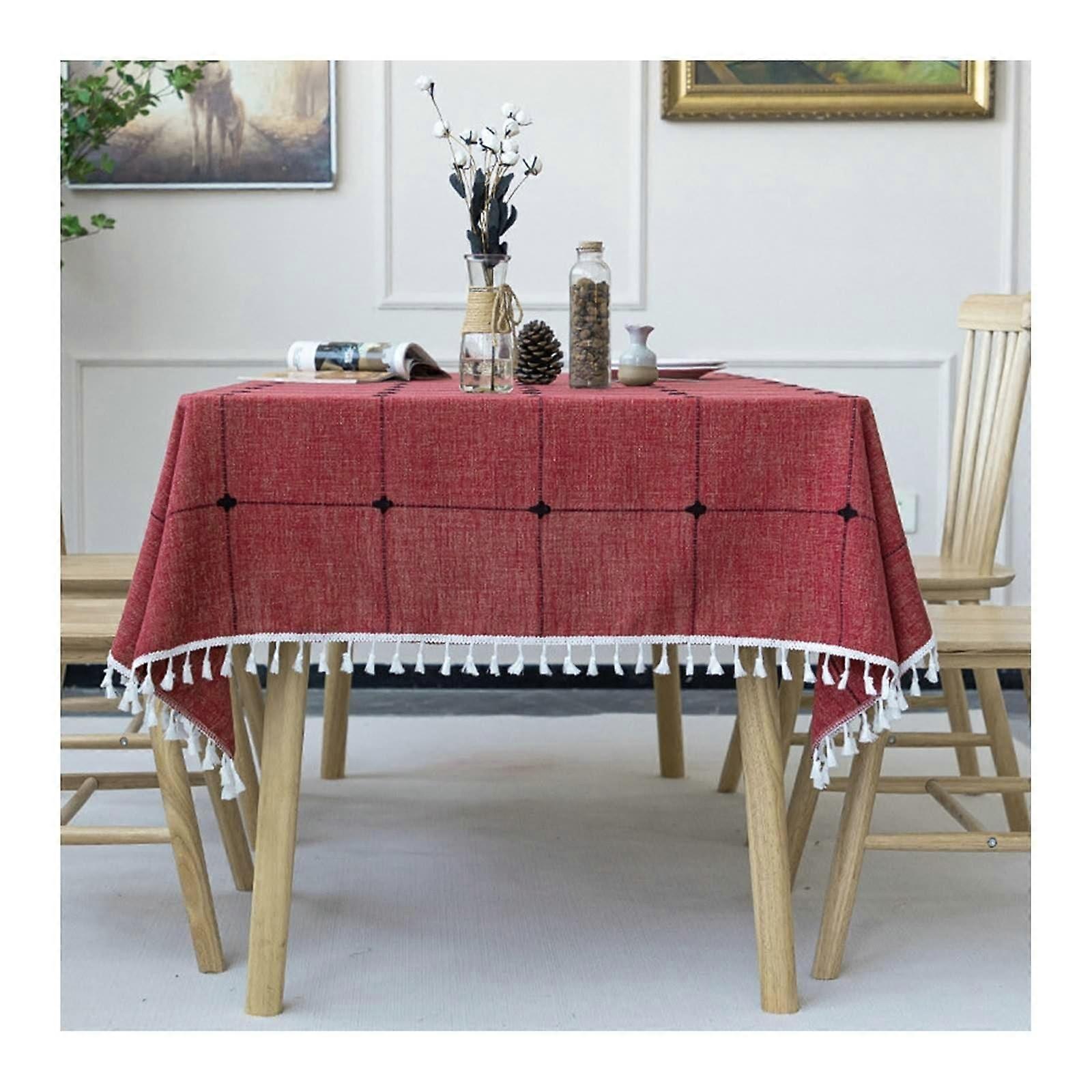 Table Linen 90 X 90 Cm, Polyester Checkered Tablecloth With Tassel, DirtRepellent For Easy Cleanup Red Tassel