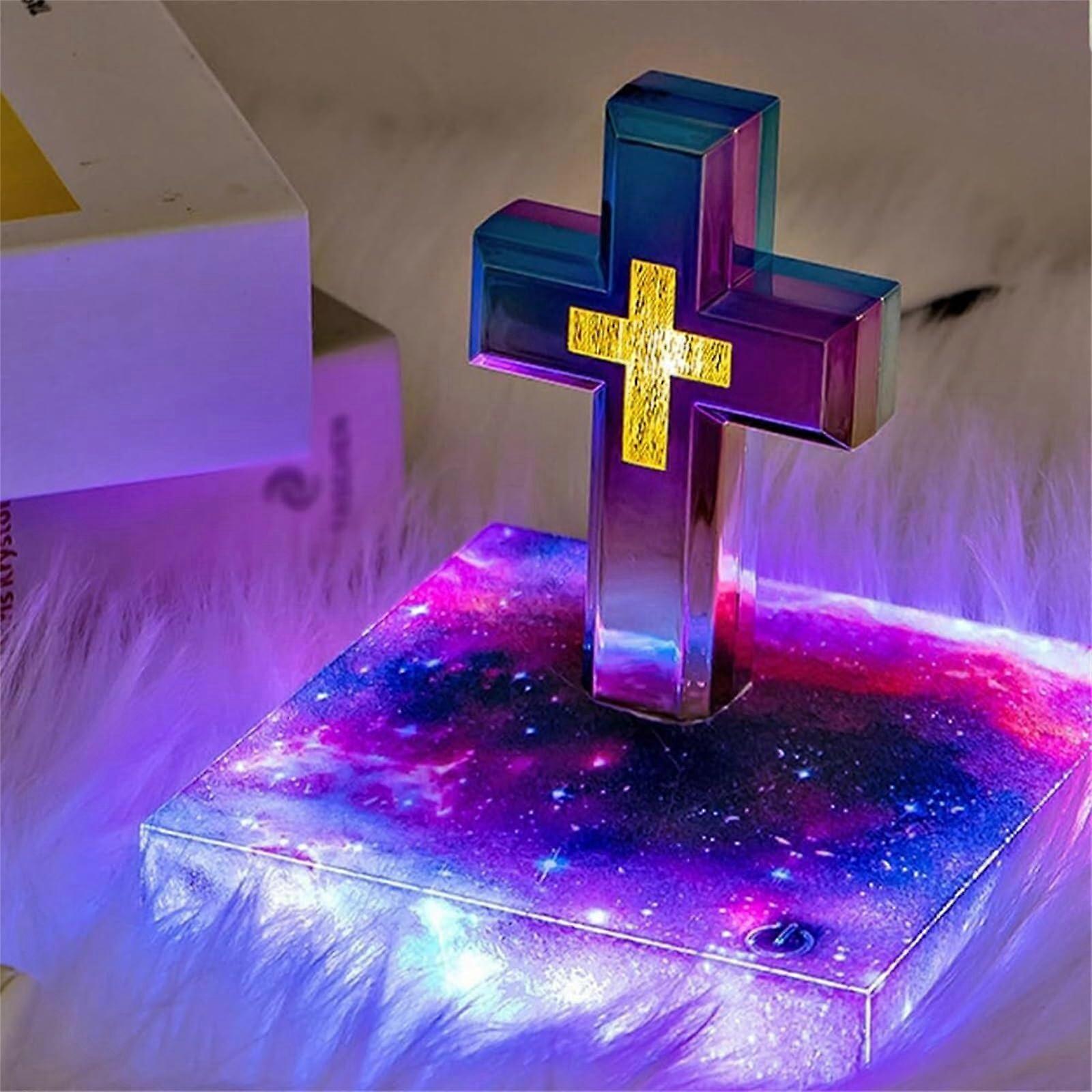 Handmade Levitating Cross Lamp Magnetic Levitation Nightlight Floating Bible Cross Starry Sky Base Colorful Cross