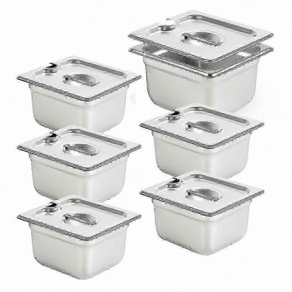 6-Piece Stainless Steel Food Pans, 1/6 Size, 4" Deep, Tab Handles, Anti-Clog Slots for Catering & Buffet Use