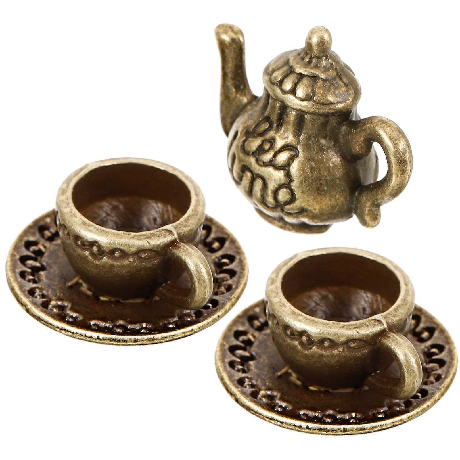 Tiny Tea Set Miniature Tea Pot for Decoration 4Sets Golden Metal