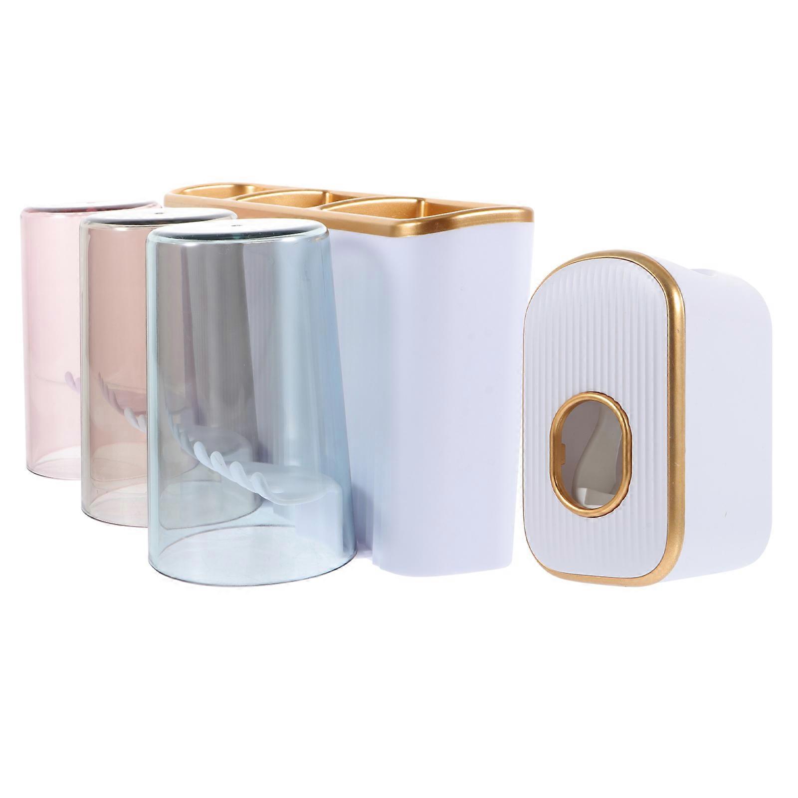 Wall Toothpaste Dispenser Bathroom Essentials Rectangular White Gold ABS Storage Anti-Rust 1Set