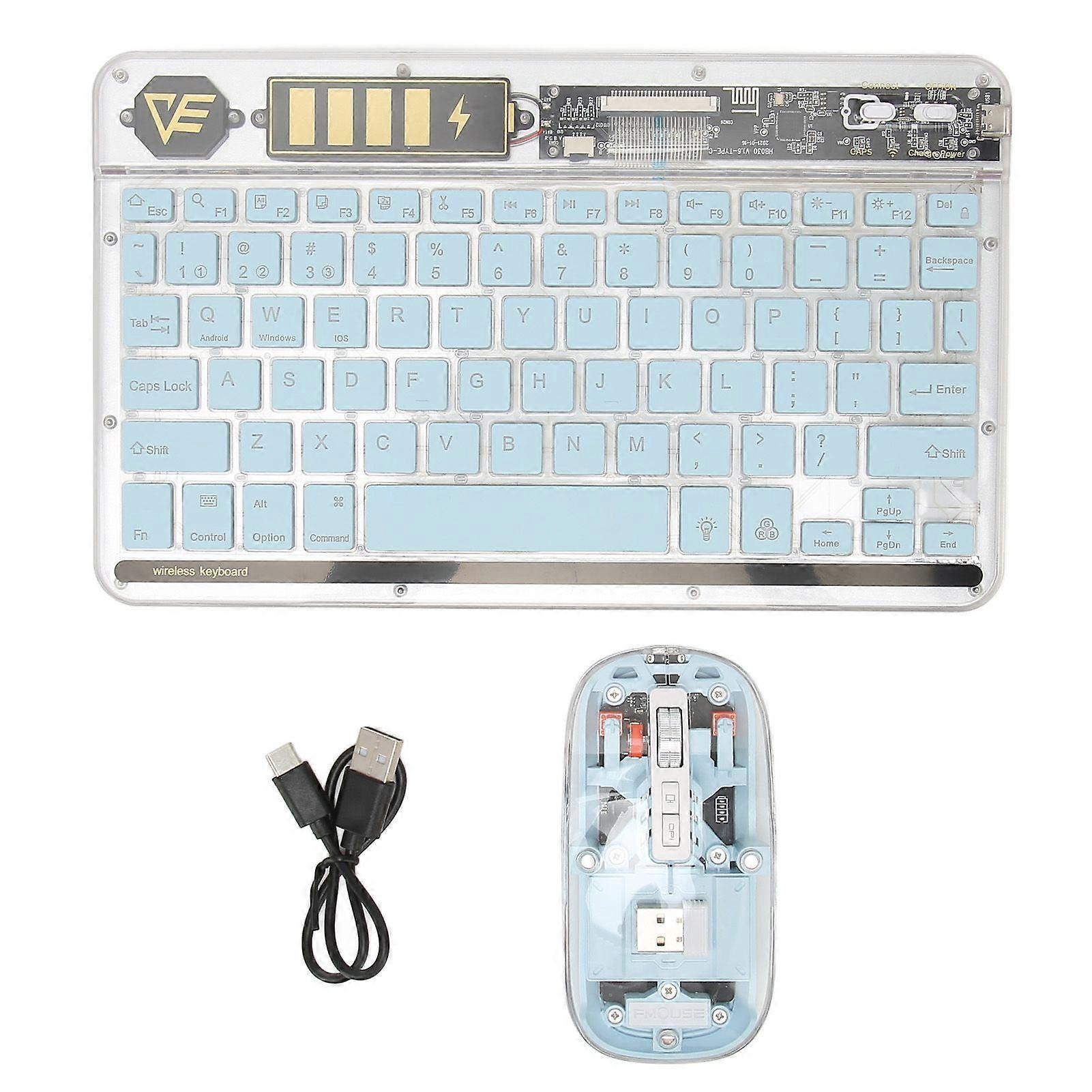 Transparent Wireless Keyboard Mouse Combo 3 Mode Connect Backlight Keyboard Mouse for Tablet PC Mobile Phone Blue