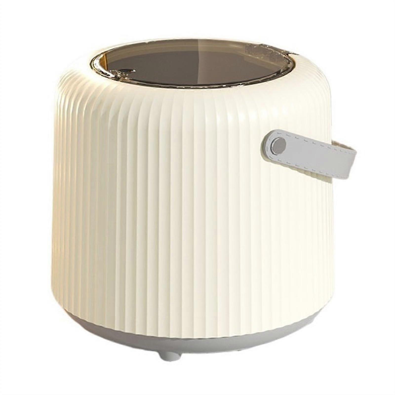 Small Desktop Trash Can with Press Lid, Round Countertop Wastebasket with Inner Bucket and Handle for Office, Coffee Table, Vanity (Cream White)