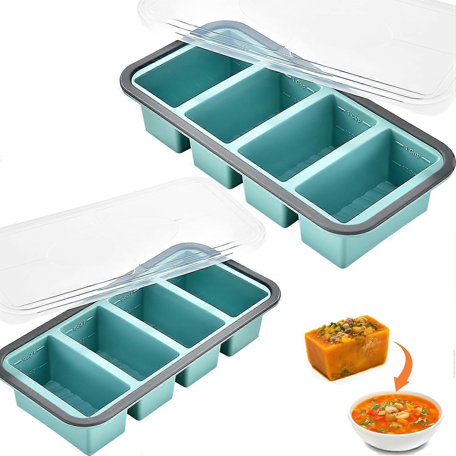 Silicone Freezer Tray 250ml With Lids, 2Pack, BPA , Oven & Dishwasher Safe, Portioned Meal Prep, Blue
