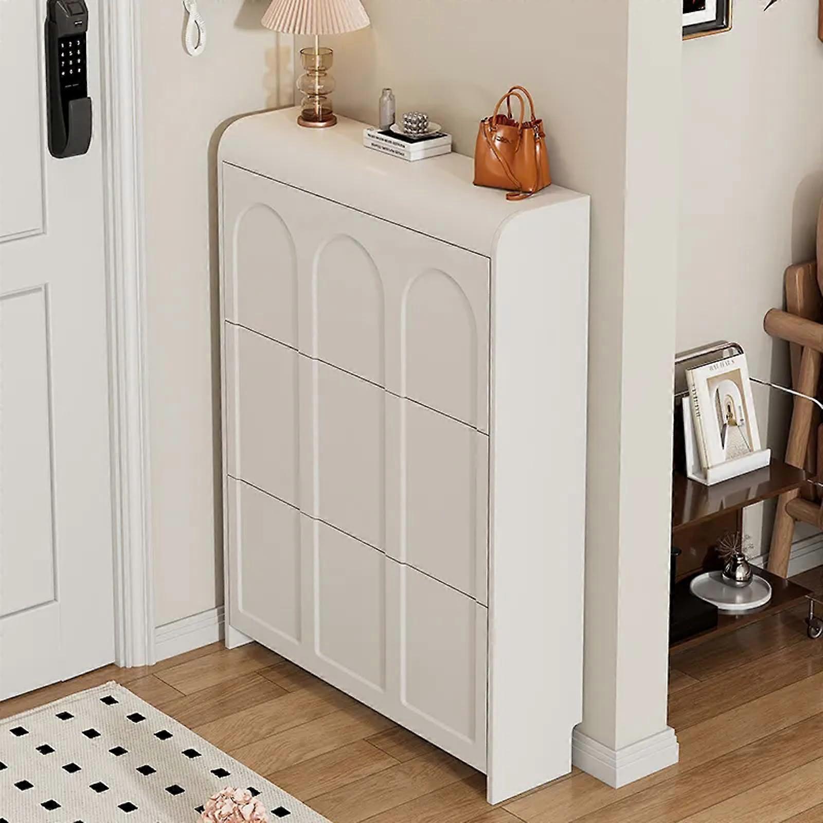 White Wooden Shoe Rack with Doors and 3 Folding Drawers for Entryway Space Saving Storage Cabinet 60cm Long 17cm Wide
