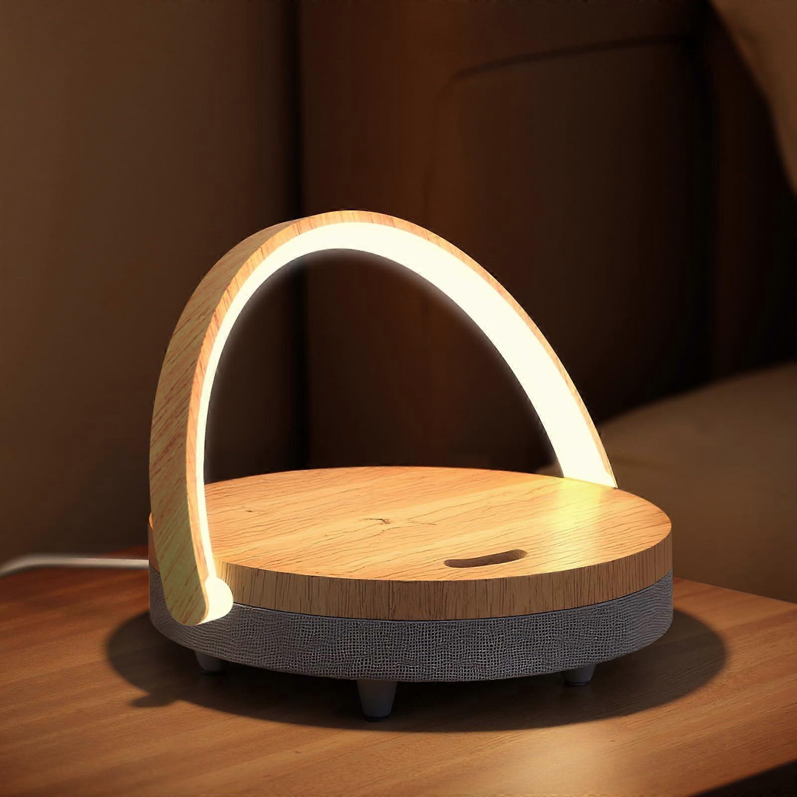 Bluetooth Table Lamp with Wireless Charging, Touch Control Dimming, Speaker and Phone Holder, Wood Grain