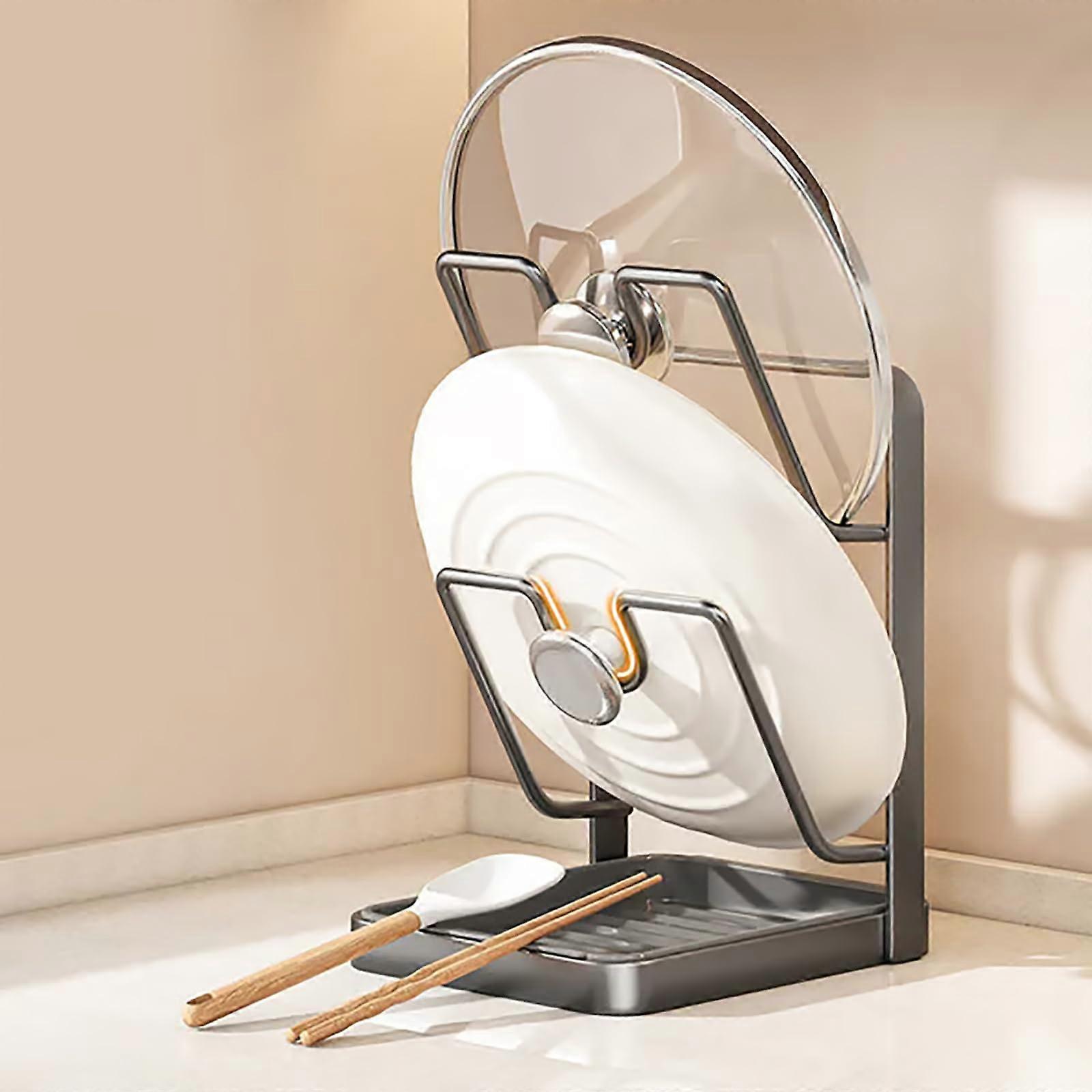 Pot Lid Organizer Rack with RustResistant DoubleLayer Design and Drip Tray for Kitchen Cabinet