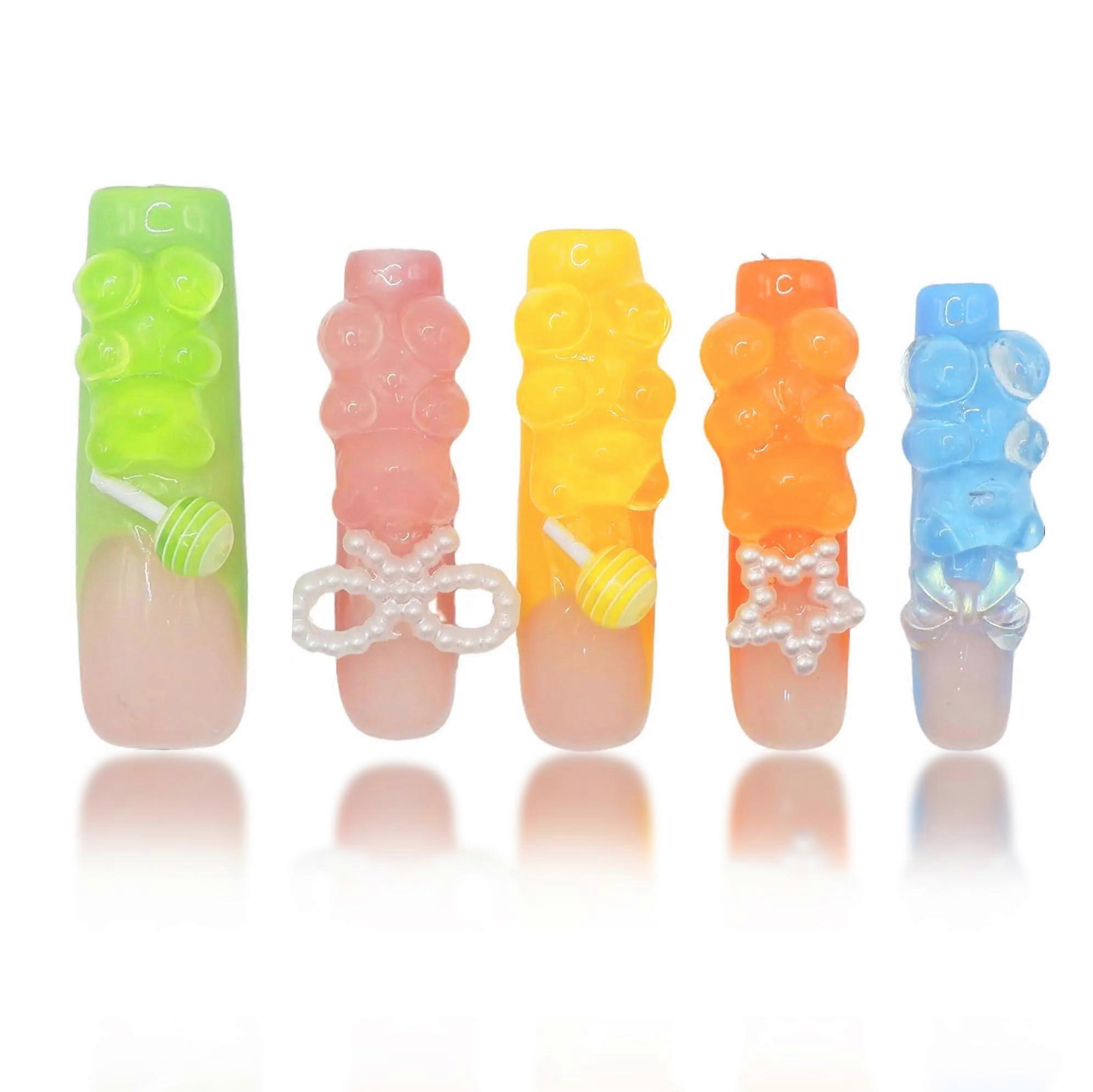 Rainbow Press On Nails Set with Gummy Bear Design, Handmade Acrylic False Nails, Medium Size