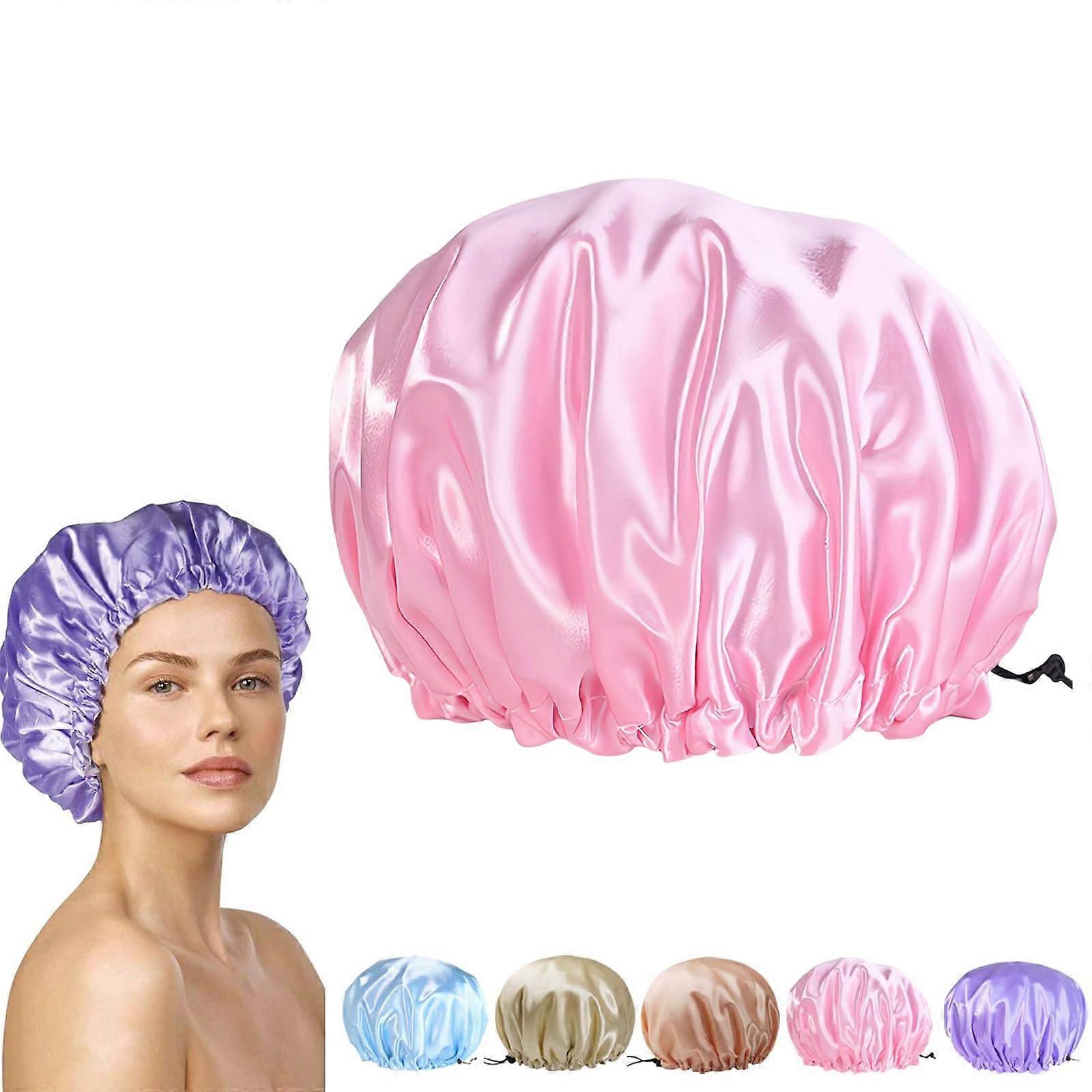 Extra Large Waterproof Shower Cap for Women, Double Layer Adjustable Oversized Hair Bath Cap, Light Pink
