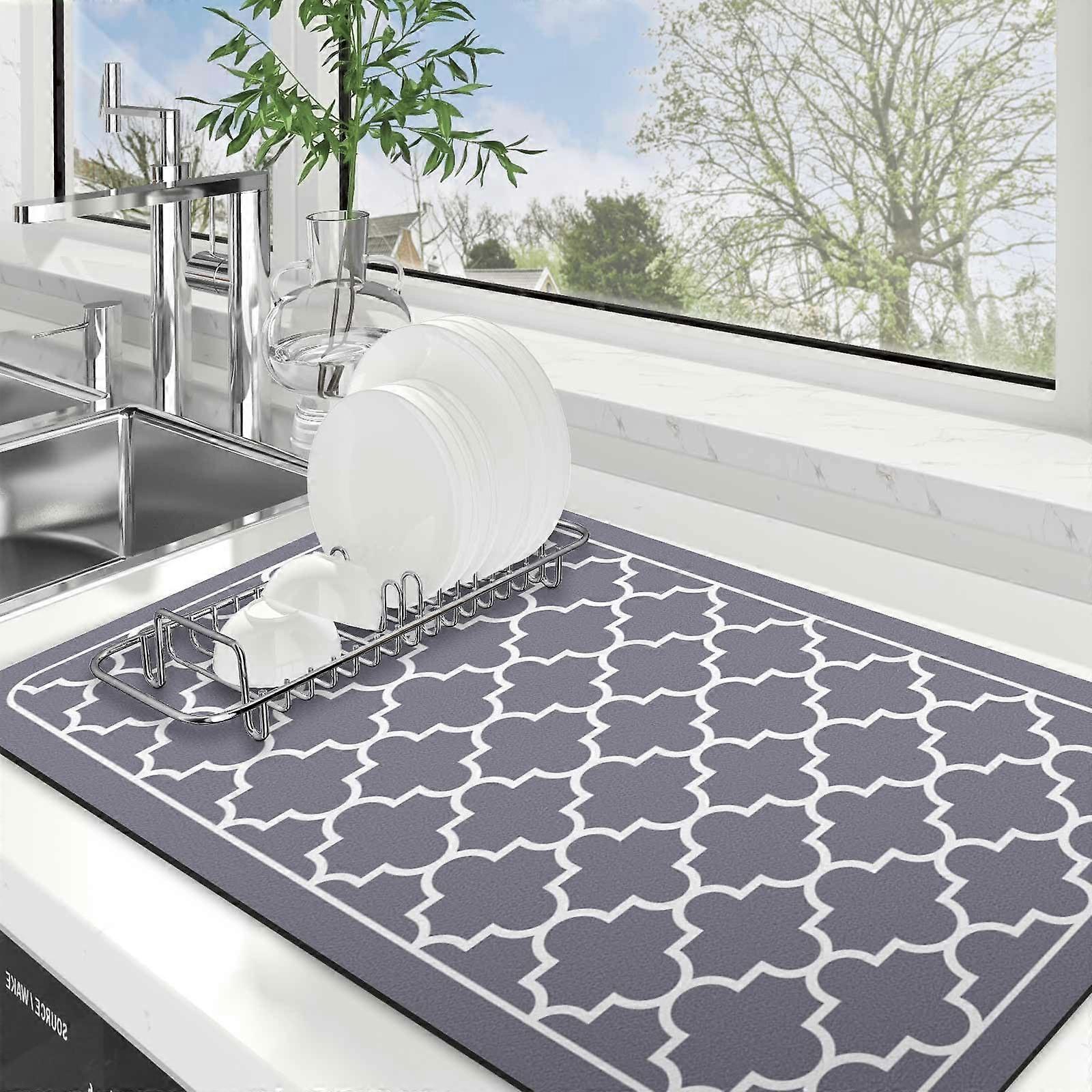 Large Super Absorbent Dish Drying Mat for Kitchen Counter 28'x18' Easy Clean Stylish Grey