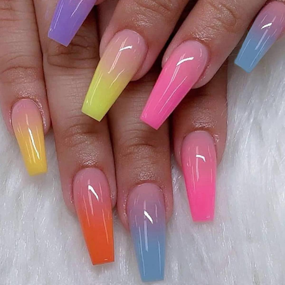 Rainbow Press On Nails Medium Square Fake Nails Colorful Gradient Acrylic Set with Adhesive Tabs