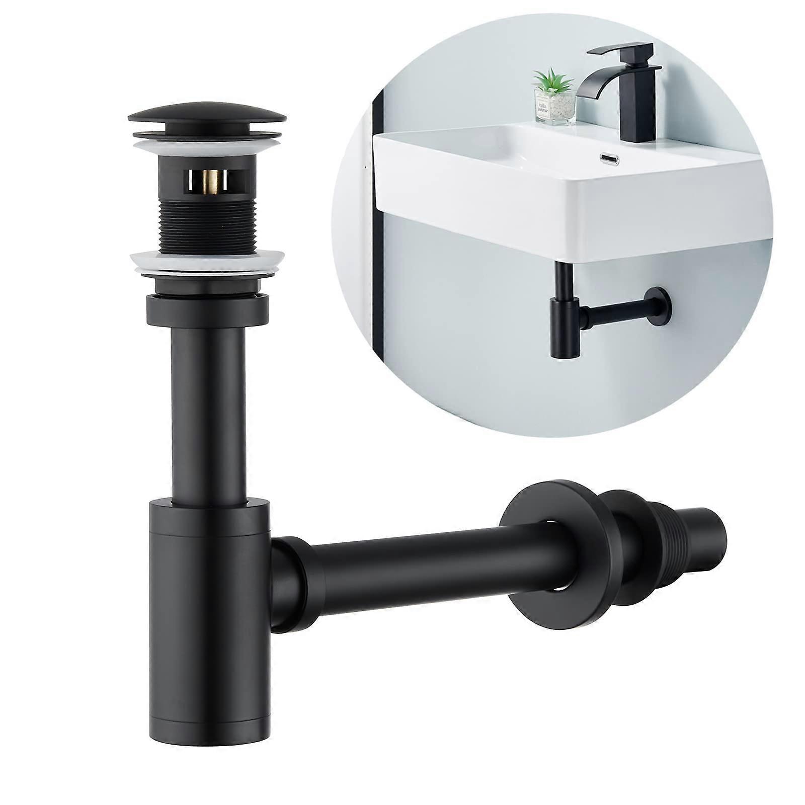 Bathroom Sink P Trap Matte Black Brass Drain Kit with Overflow, 11/4 Inch RustResistant Assembly