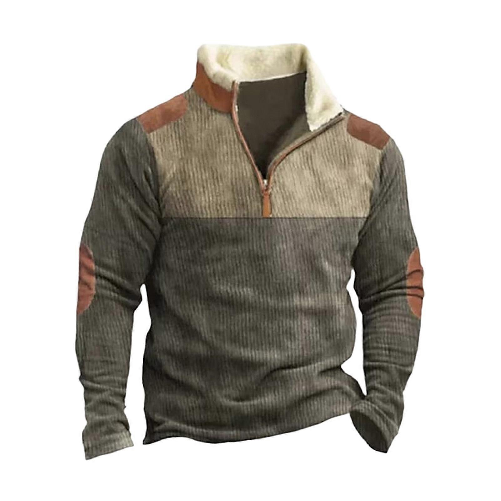 Fall Winter Men Sweatshirt Color Matching Patchwork Plush Zipper Stand Collar Retro Pullover Long