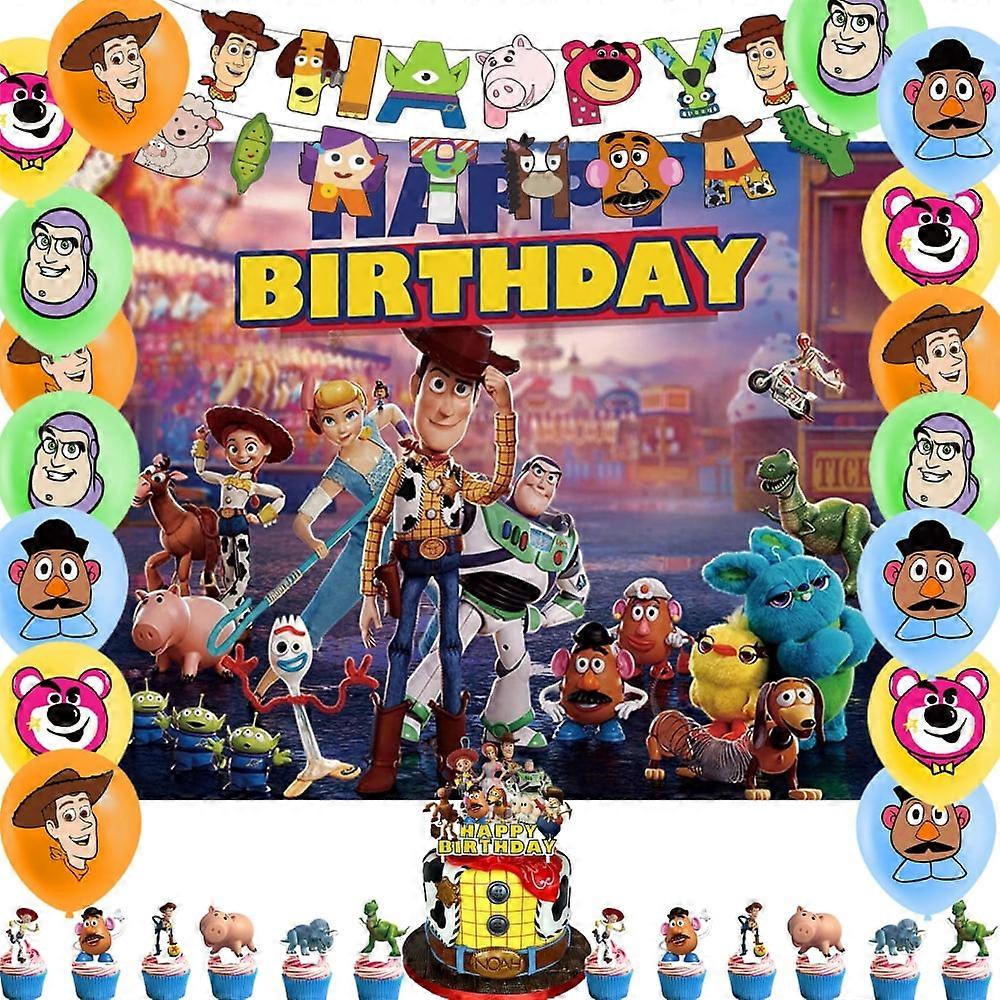Birthday Party Supplies Set with Toy Story Themed, Including Happy Birthday Banners,Background Flag,Cupcake Toppers, Balloons, Party Decor Set.