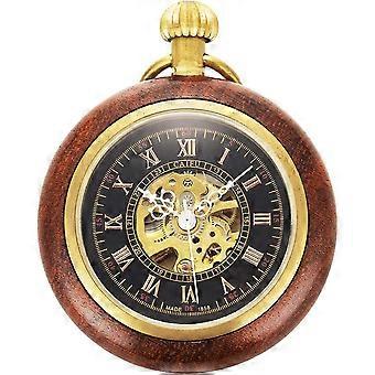 Elegant Copper Wood Mechanical Pocket Watch Open Face Roman Numerals Vintage