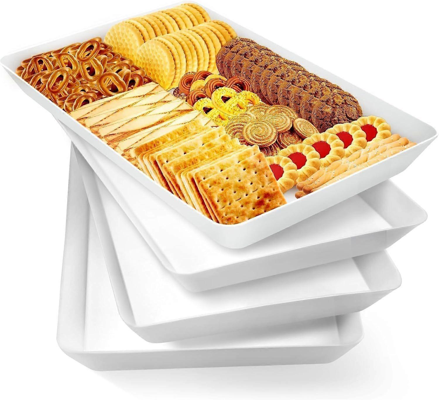 4-Pack White Plastic Serving Trays, 36.5x26.5x5cm Rectangular Platters