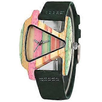 Unik triangelformad träklocka för kvinnor Kreativ färgglad grön/röd armbandsur i äkta läder Elegant damklockor Toppgåvor