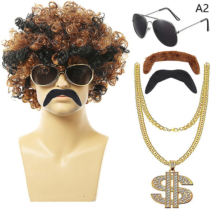 1 Set Men's Black Short Curly Synthetic Cosplay Wig Gold Brown 70s 80s Disco Mustache Gold Chain Halloween Costume Party Wig