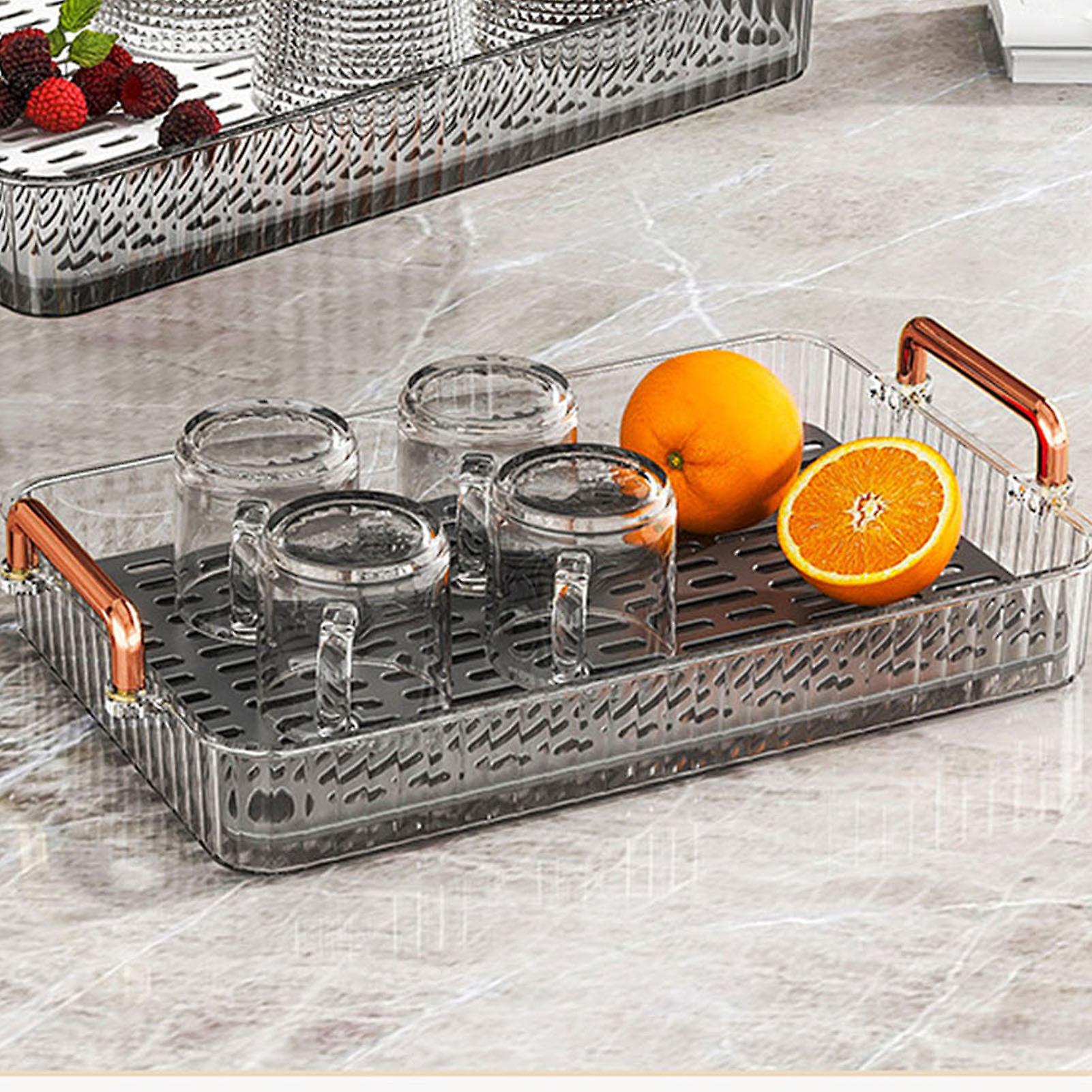 Rectangular Plastic Tea Tray with Drainage, Handles, 39x25x5cm White