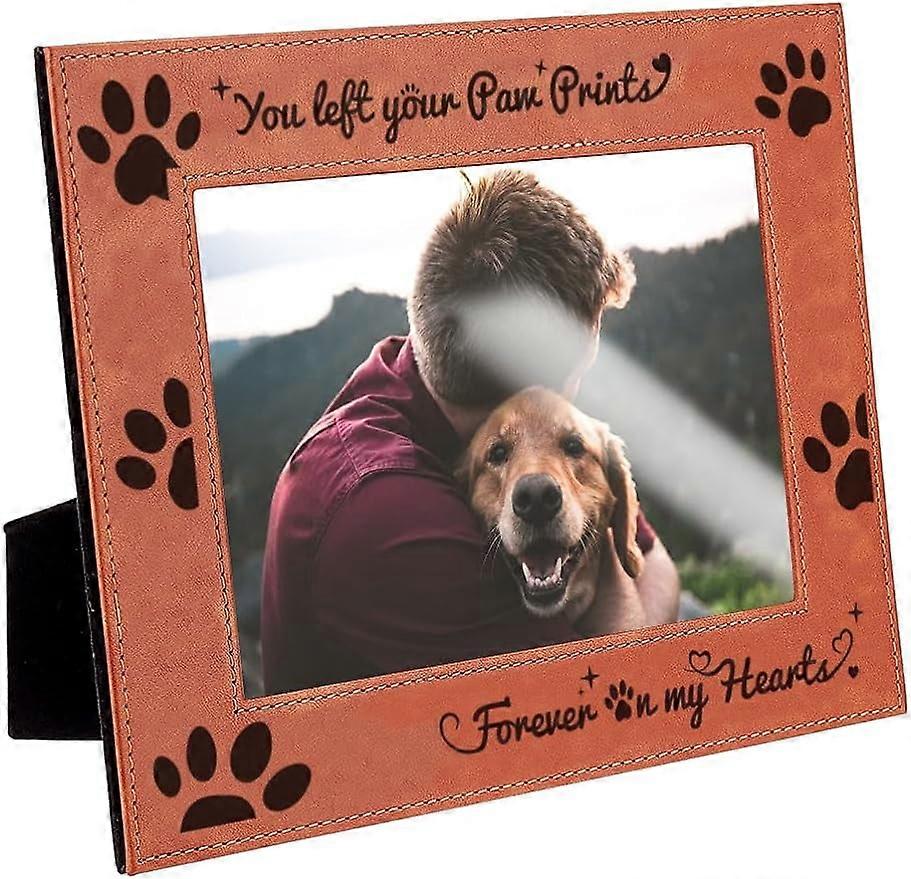 You Left Your Paw Prints Forever On My Hearts Engraved Leather Picture Frame Pet Memorial Photo Frame 5x7inch