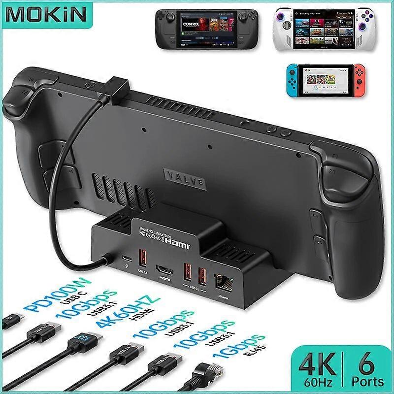 MOKiN 6 in 1 Docking Station Ultimate Connectivity for Steam Deck ROG Ally Laptop USB3.1 HDMI 4K60Hz PD 100W RJ45 1Gbps
