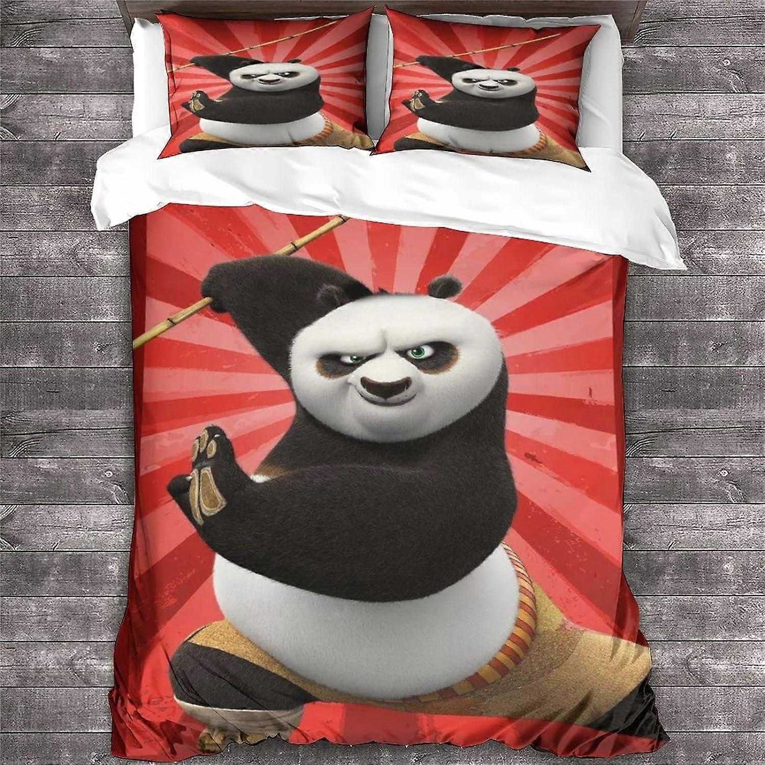 Kung Fu Panda Animation Print Microfiber Bedding Set, with Duvet Cover and Pillowcases, Suitable for Boys and Girls