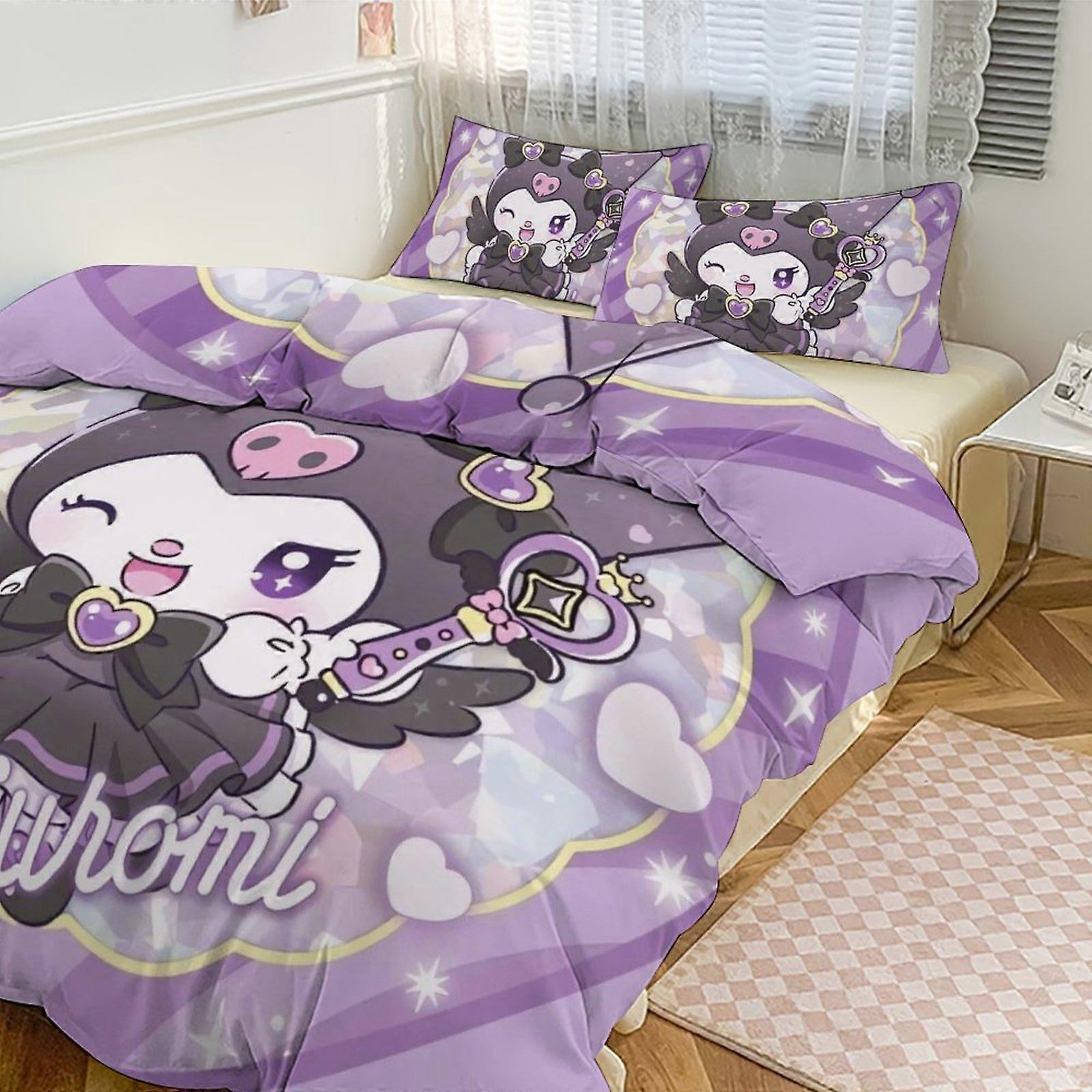 ملاءات سرير g391 طقم ملاءات بطبعة Kuromi بنمط لحاف كوف طقم 3 قطع 1 غطاء لحاف و 2 غطاء وسادة للنساء والرجال والمراهقين tq391 ملاءات سرير