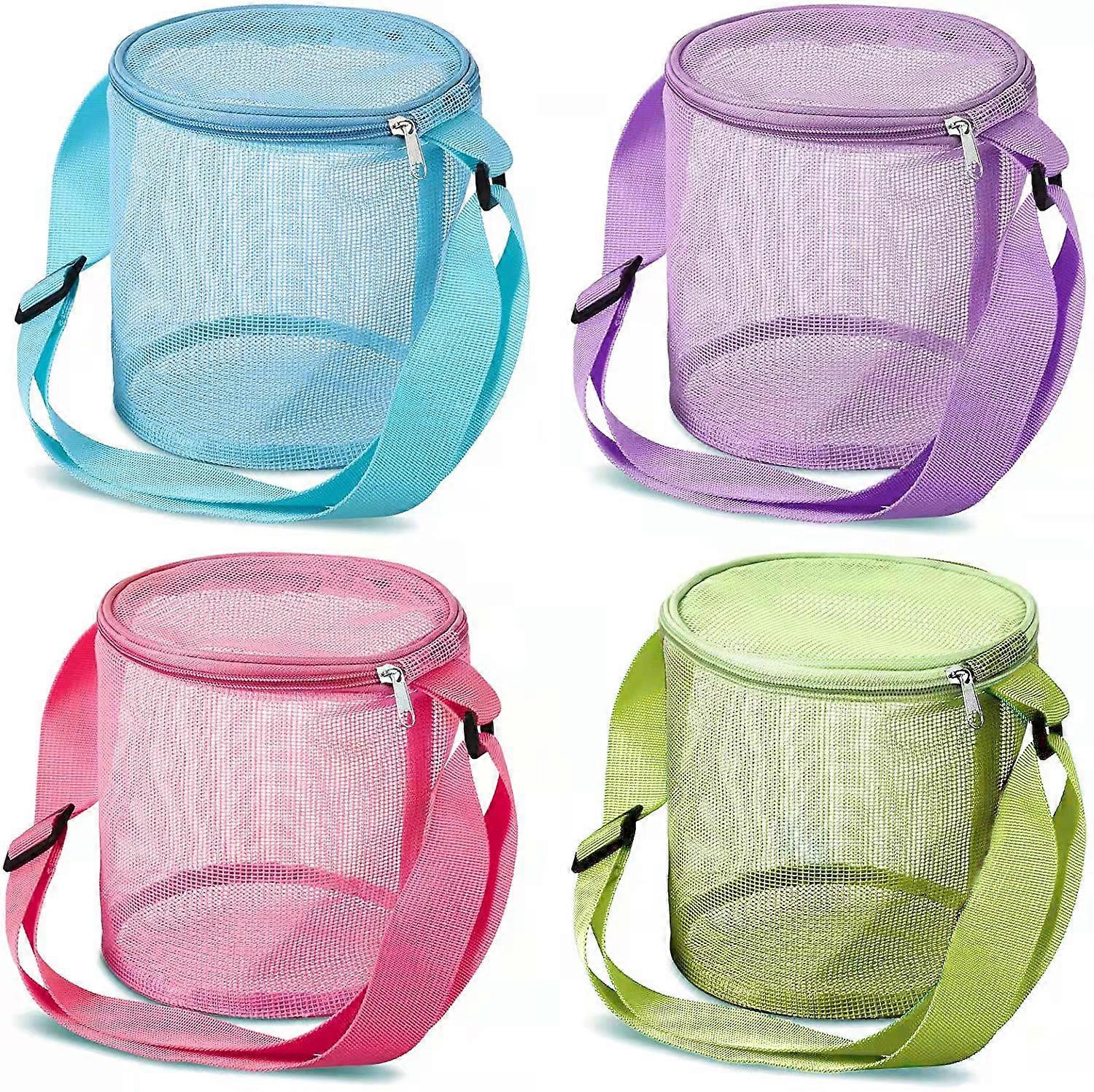4 Piece Beach Toys Mesh Beach Bag Shell Collecting Bag Cylindrical Bags with Adjustable Carrying Straps And Zipper
