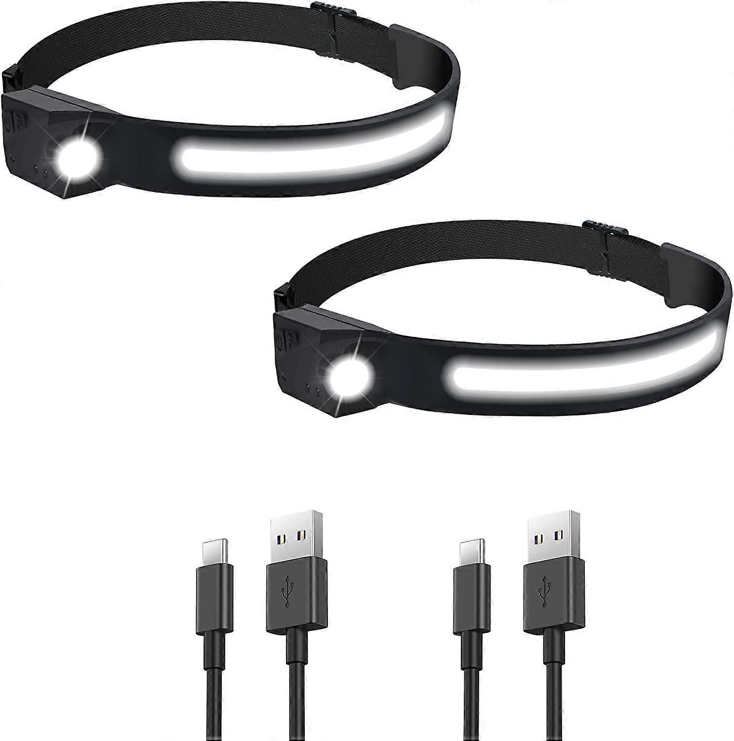 2x LED Headlamps USB Rechargeable Waterproof COB XPE Headlamp 5 Patterns with Running, Camping, Running, Cycling Helmet, Fish, Repairing, Photographin