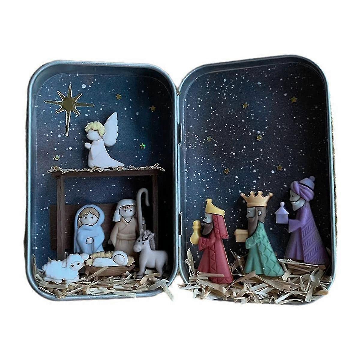 Christmas Nativity Handmade Cabin Box Theater Desktop Ornaments Jesus Nativity Set Family Nativity Scene for Xmas Decor