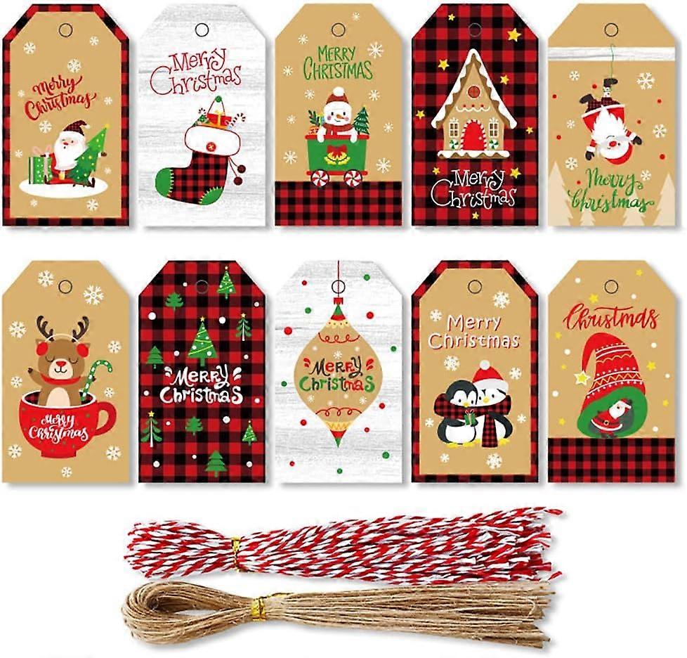 100pcs 10 Design Xmas Gift Tags, Christmas Labels with Jute String and Cotton String Christmas Wrapping Tags for Presents Wrapping Christmas Tree Deco