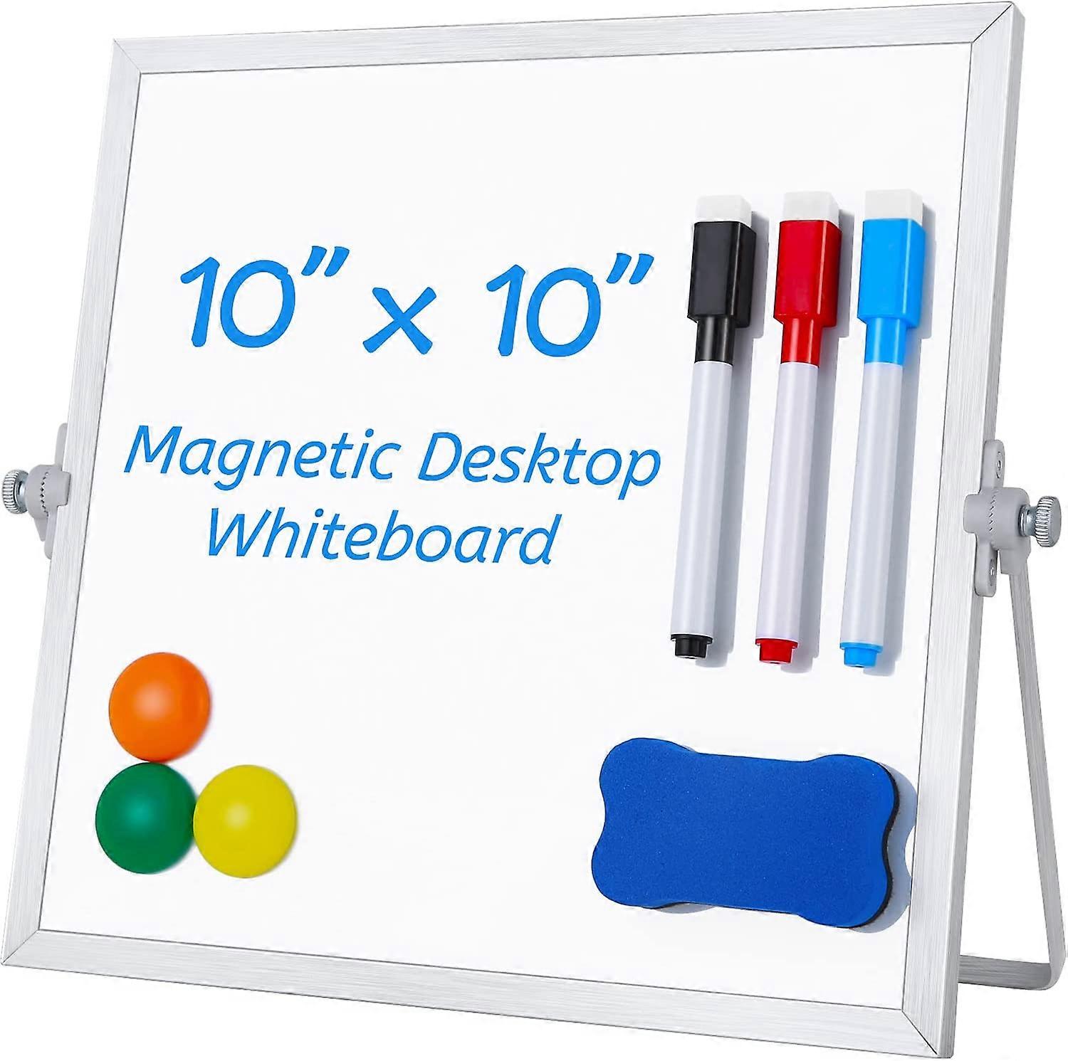 Small Desktop Dry Erase Board, 10"X10" Double-Side Magnetic Whiteboard With Stand, 3 Markers, 3 Magnets & Eraser - Tabletop Portable Mini White Board